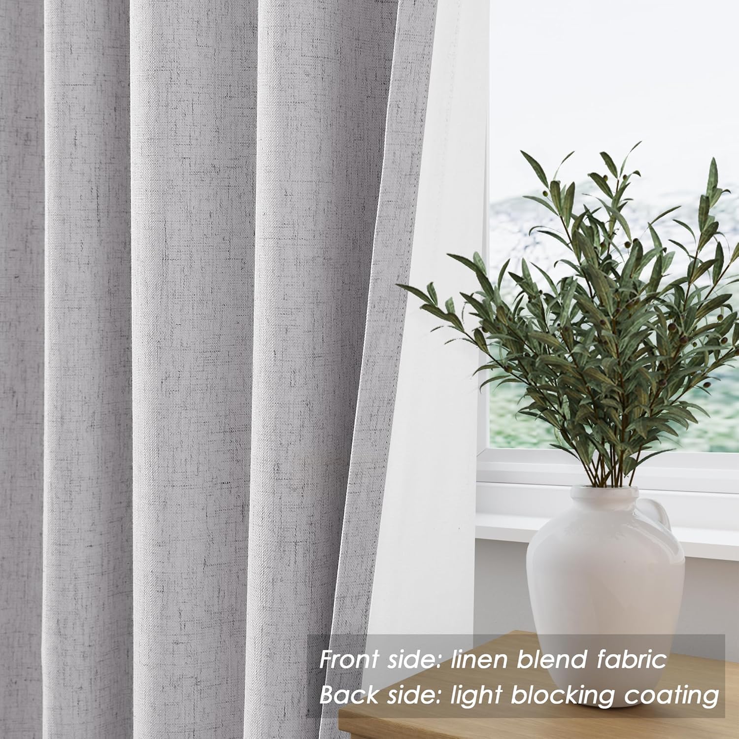 Nanspring Light Grey 100% Blackout Linen Curtains for Bedroom 90 Inches Long Back Tab Thermal Insulated Modern Luxury Simple Black Out Curtain for Living Room Dining Room Drapes 52x90, 2 Panels