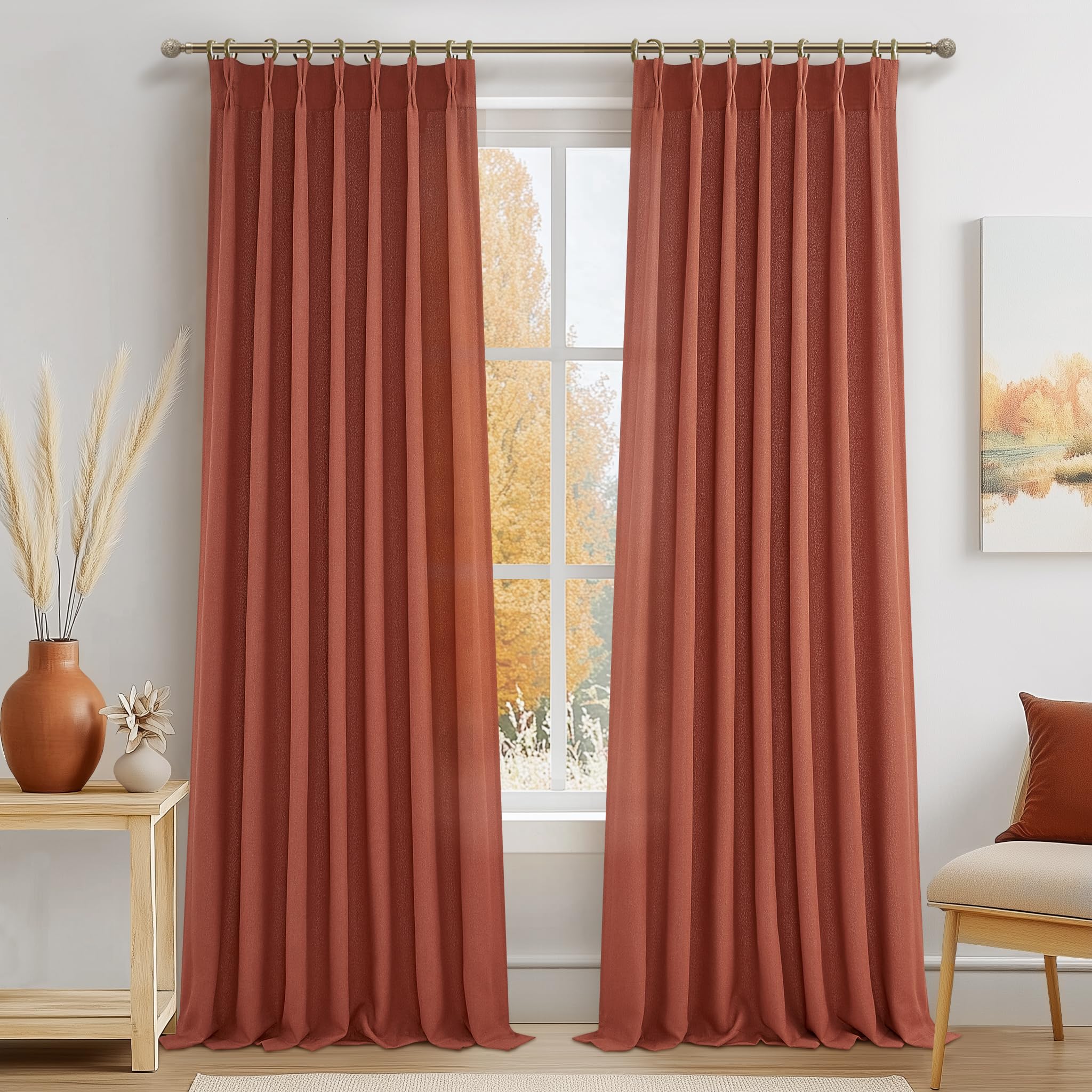 PleatedDrapes 96 Inch Curtains 2 Panel Set, Modern Linen Pleat Back Tab Dining Room Window Curtains Light Filtering Aesthetic Semi Sheer Living Room Drapes with Hooks Ring Cream Oatmeal W40 x L96