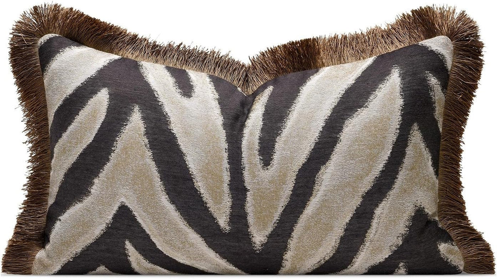 Luxury Zebra Lumbar Pillow Cover with Brown Tassel Trim, Zebra Pattern Jacquard Design Decorative Pillow Case for Sofa Bedroom Living Room, 12x20 Inch (Single Pack)