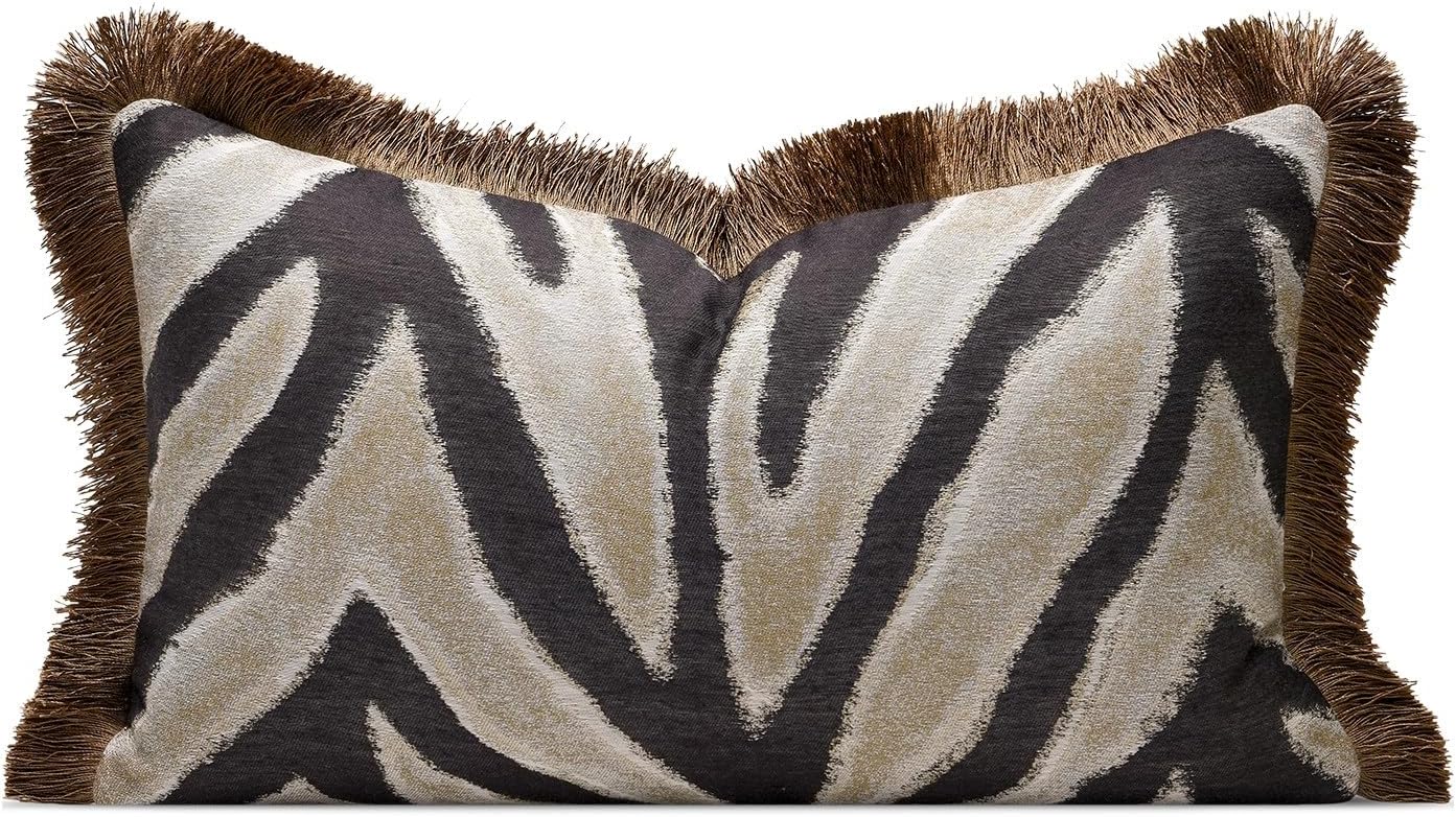 Luxury Zebra Lumbar Pillow Cover with Brown Tassel Trim, Zebra Pattern Jacquard Design Decorative Pillow Case for Sofa Bedroom Living Room, 12x20 Inch (Single Pack)