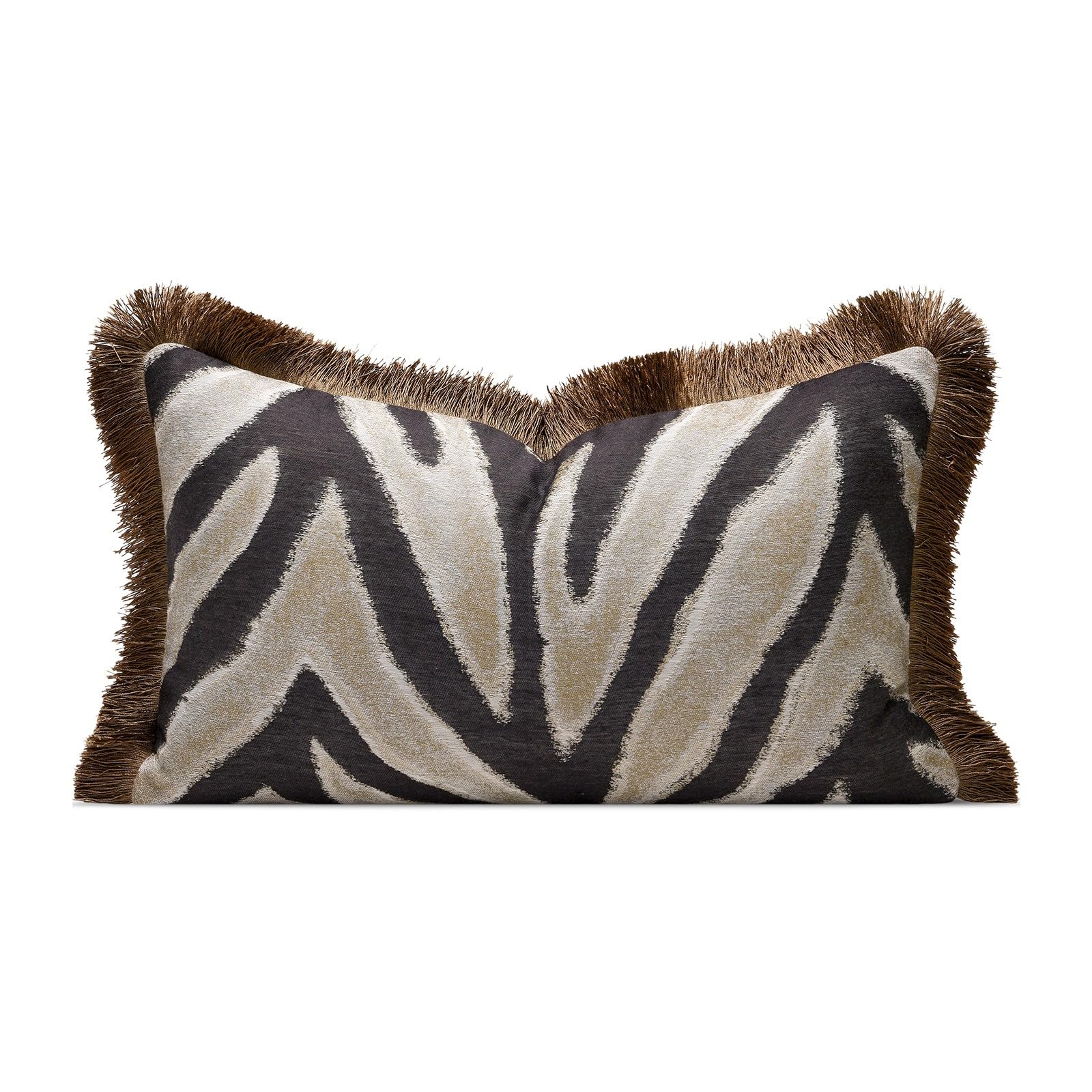 Luxury Zebra Lumbar Pillow Cover with Brown Tassel Trim, Zebra Pattern Jacquard Design Decorative Pillow Case for Sofa Bedroom Living Room, 12x20 Inch (Single Pack)