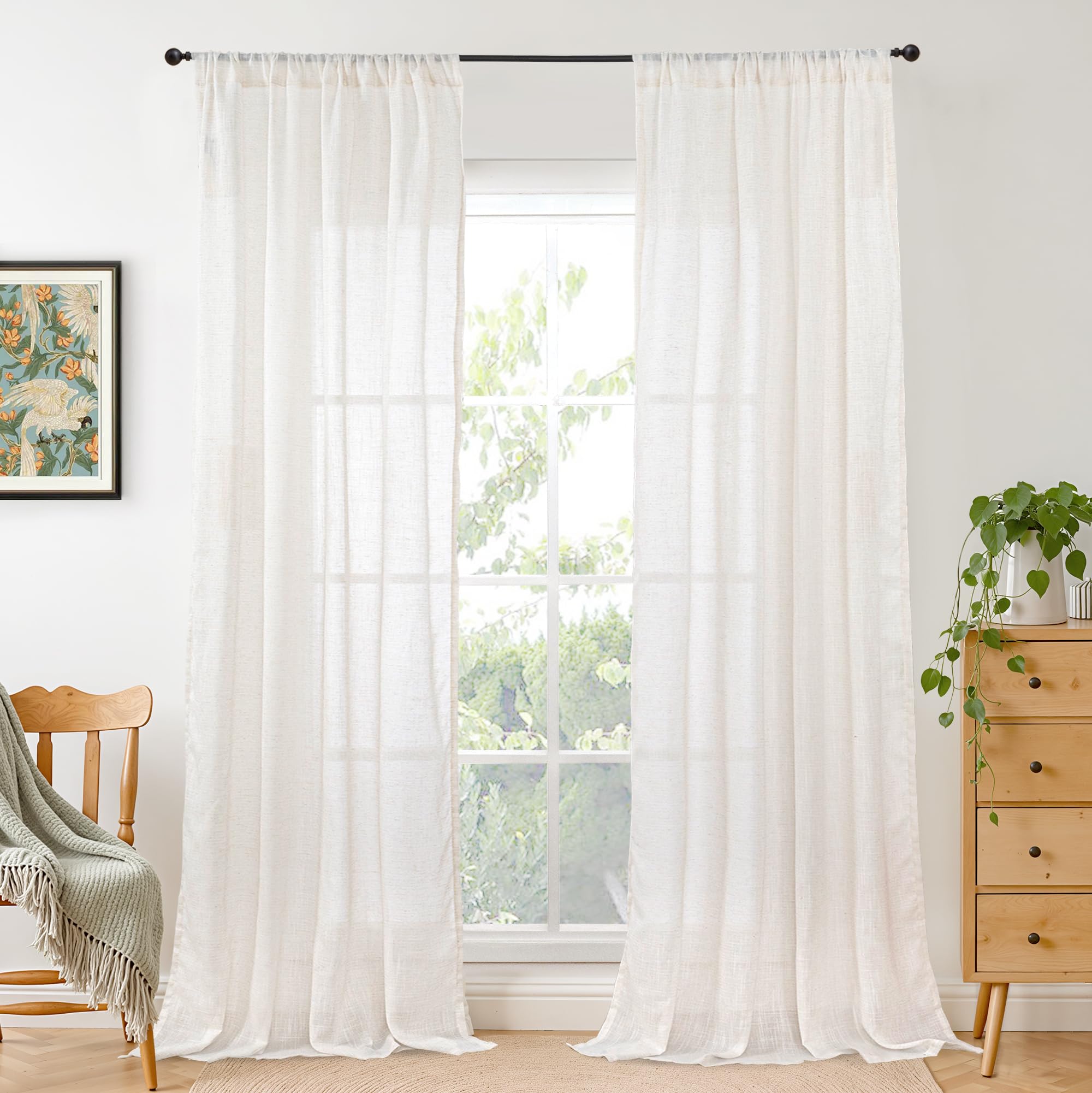 BGment 90 Inches Long Curtains Linen Semi Sheer, Light Filtering Window Treatments Drapes with Rod Pocket Lightweight for Living Room Bedroom, 2 Panels, 52 Inch Wide Each Panel