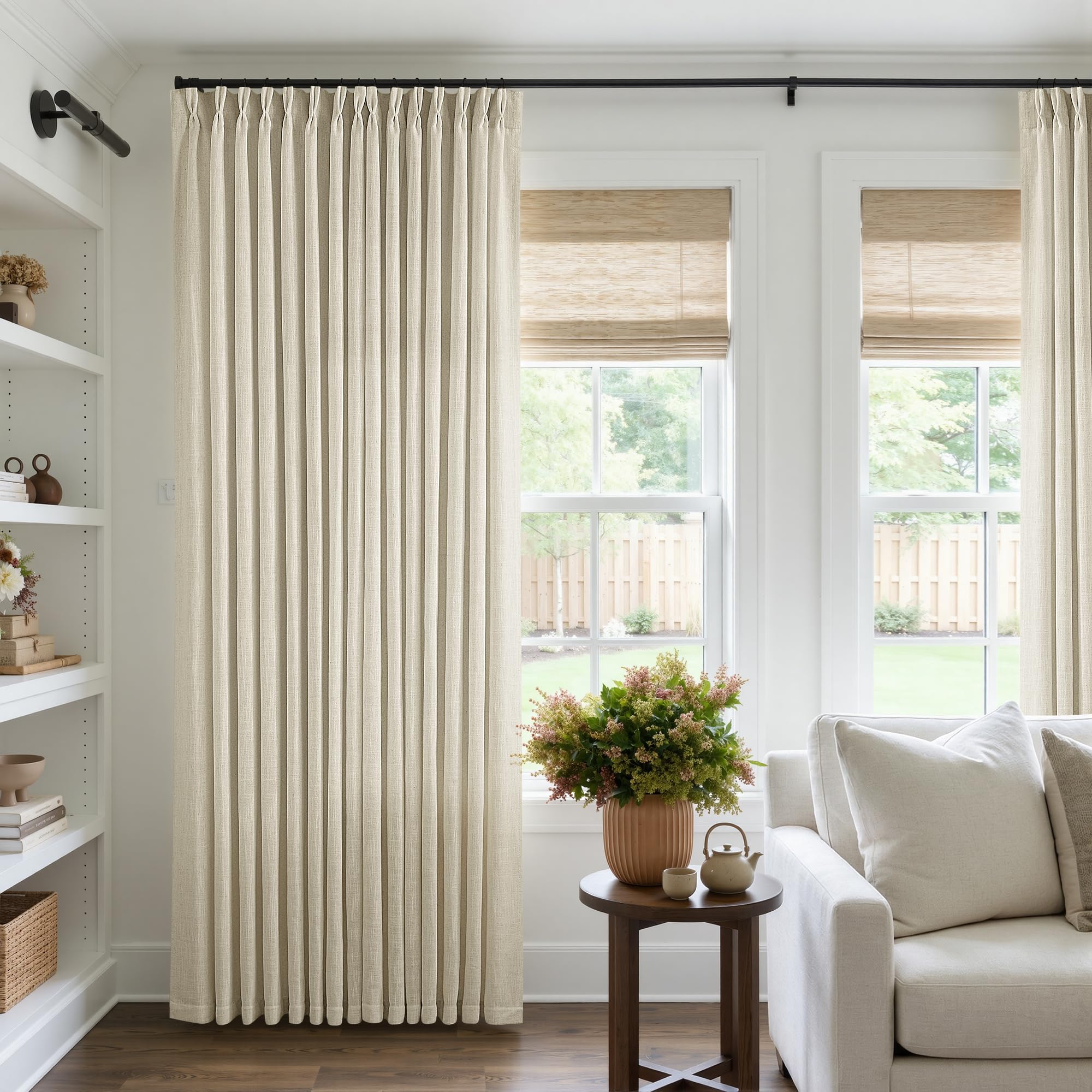 90 Inch Pinch Pleated Linen Curtains 2 Panel Set for Living Room Cream Natural Thick Linen Textured Drapes 90 Inches Long Pinch Pleat Drapes Birch Ivory Semi Sheer Curtain for Dining Bedroom Office