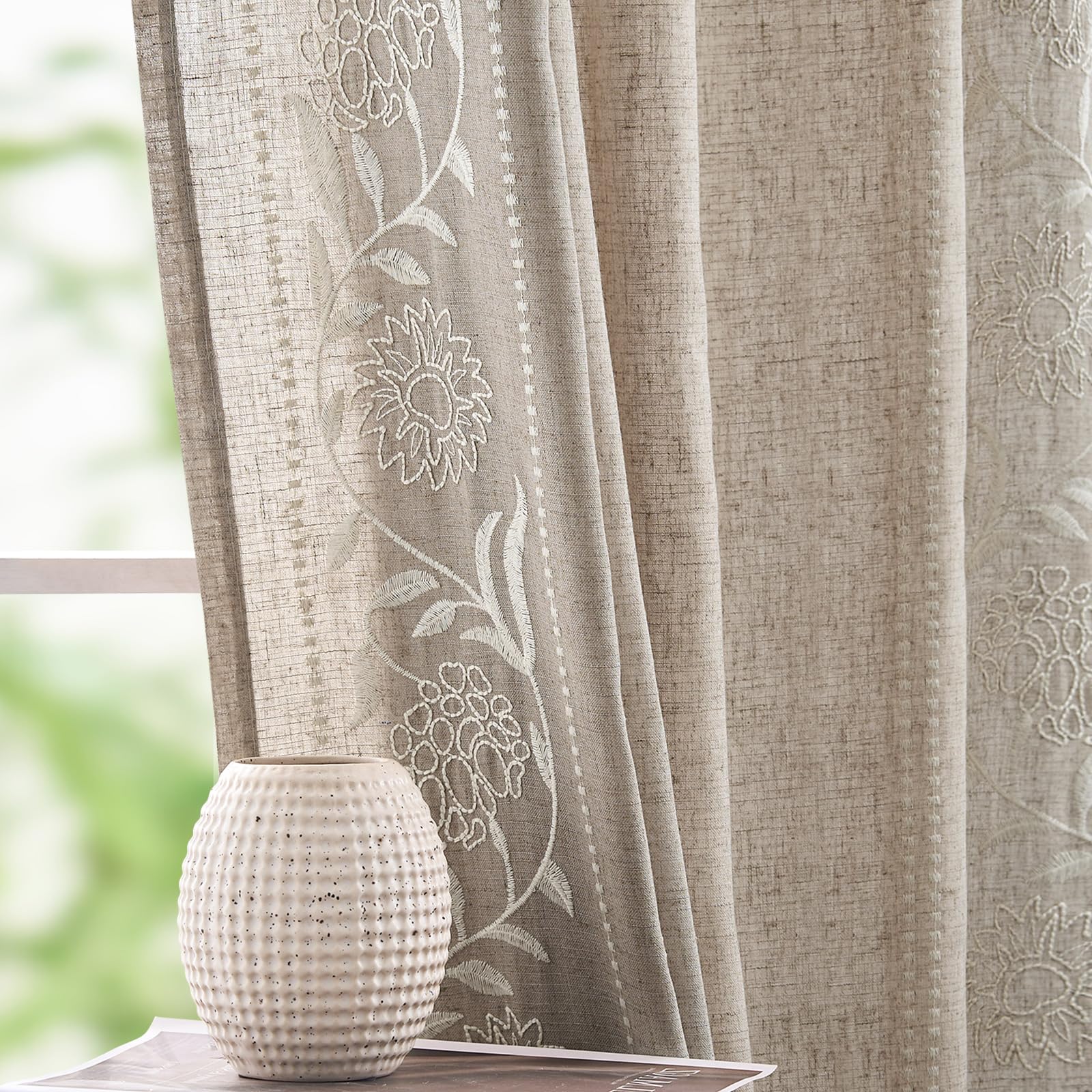 jinchan Winslow Linen Curtains for Bedroom 84 Inches Length Embroidered Bordered Floral Curtains for Living Room Farmhouse Decor Light Filtering Window Treatments Sage on Beige Drapes 2 Panels