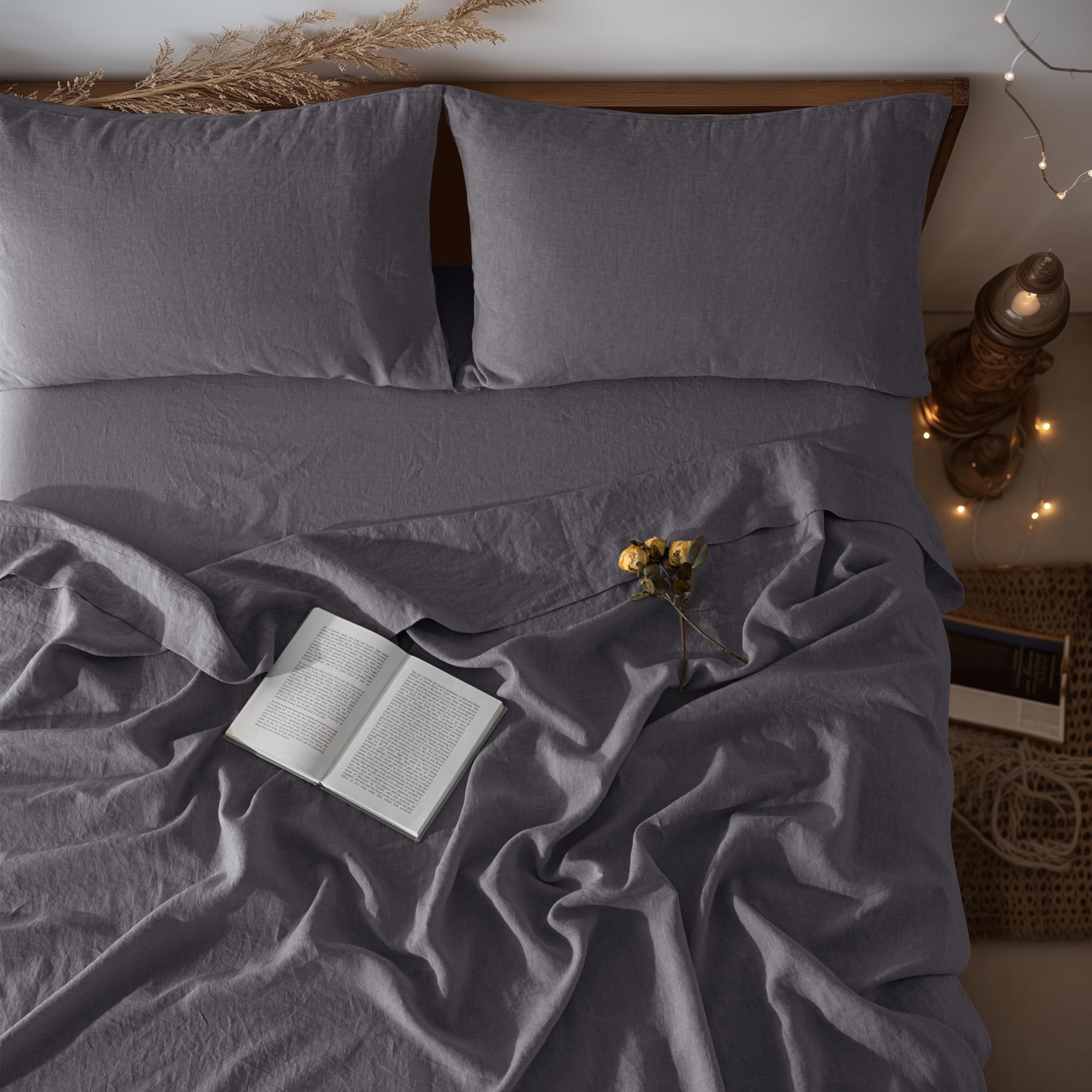 LBRO2M 100% Pure Linen Sheet Set Deep Pocket Up to 16" Bed Sheets Sets, Natural Flax Beddings Soft, Breathable, Comfortable for All Seasons 4 Pcs Sheet Set Queen Size, Linen