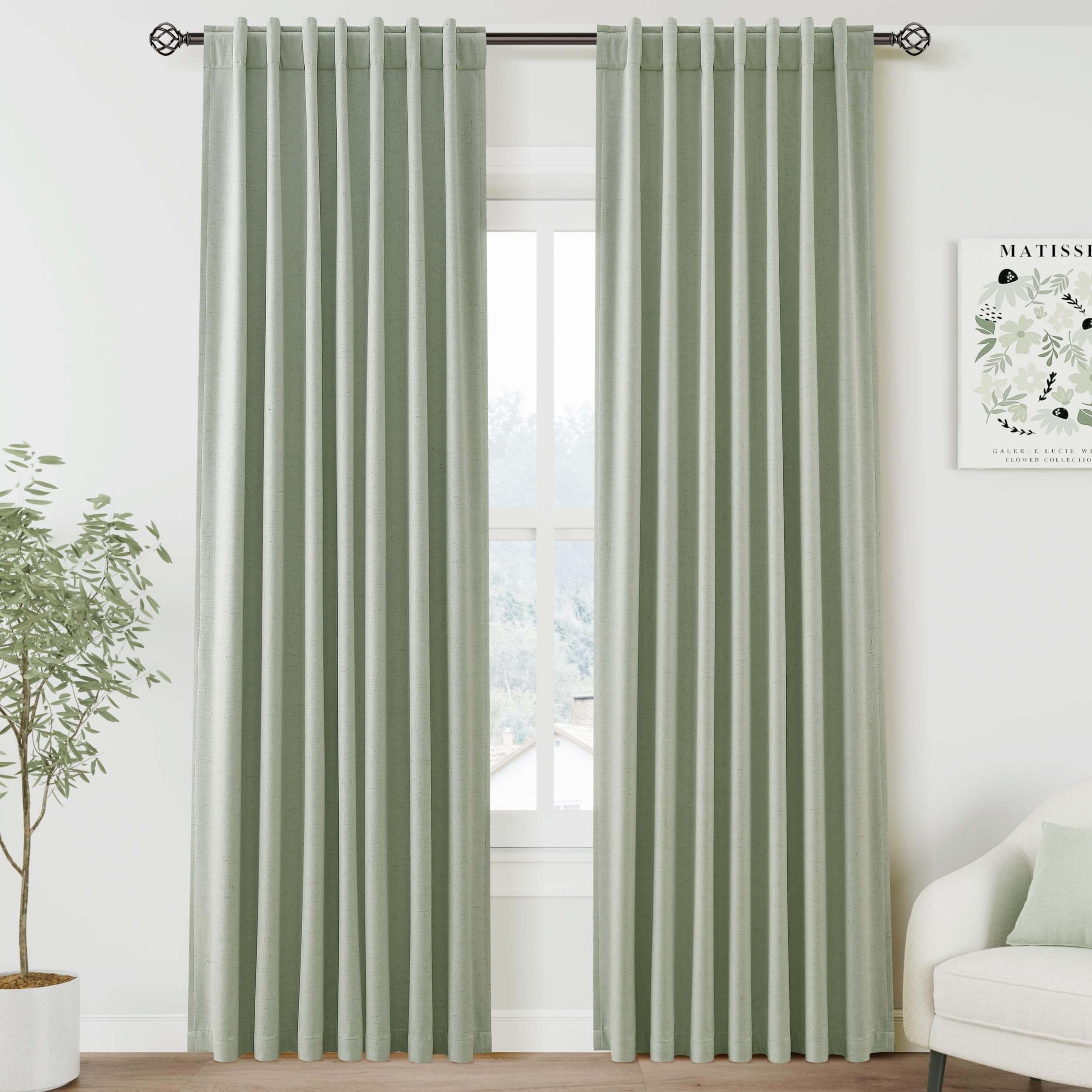 Nanspring Light Grey 100% Blackout Linen Curtains for Bedroom 90 Inches Long Back Tab Thermal Insulated Modern Luxury Simple Black Out Curtain for Living Room Dining Room Drapes 52x90, 2 Panels