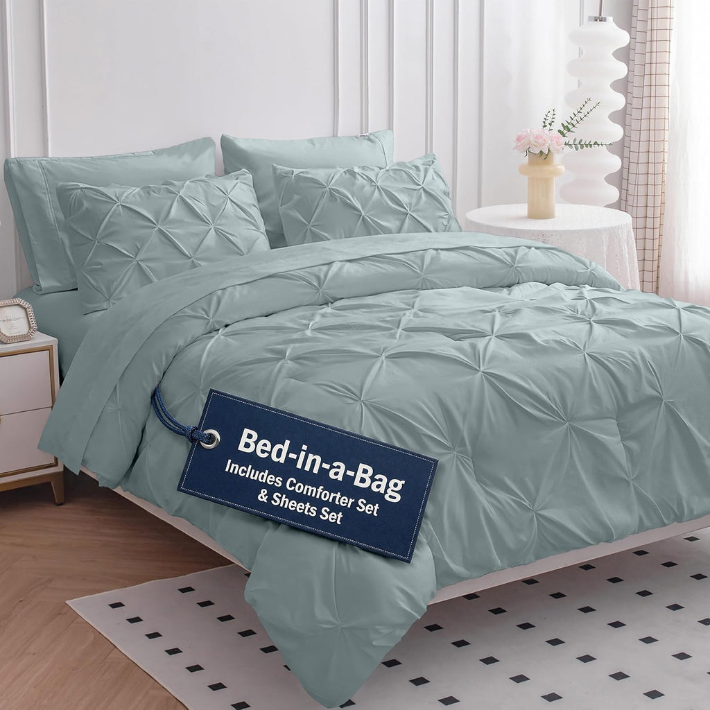 LANE LINEN Full Size Bed Comforter - 7 Piece - Refined Pintuck Finish for Hotel Style Bedding - Breathable Microfiber Bed in a Bag Comforter - Ideal for Apartments & First Homes - French Blue | Hotel sleep feel