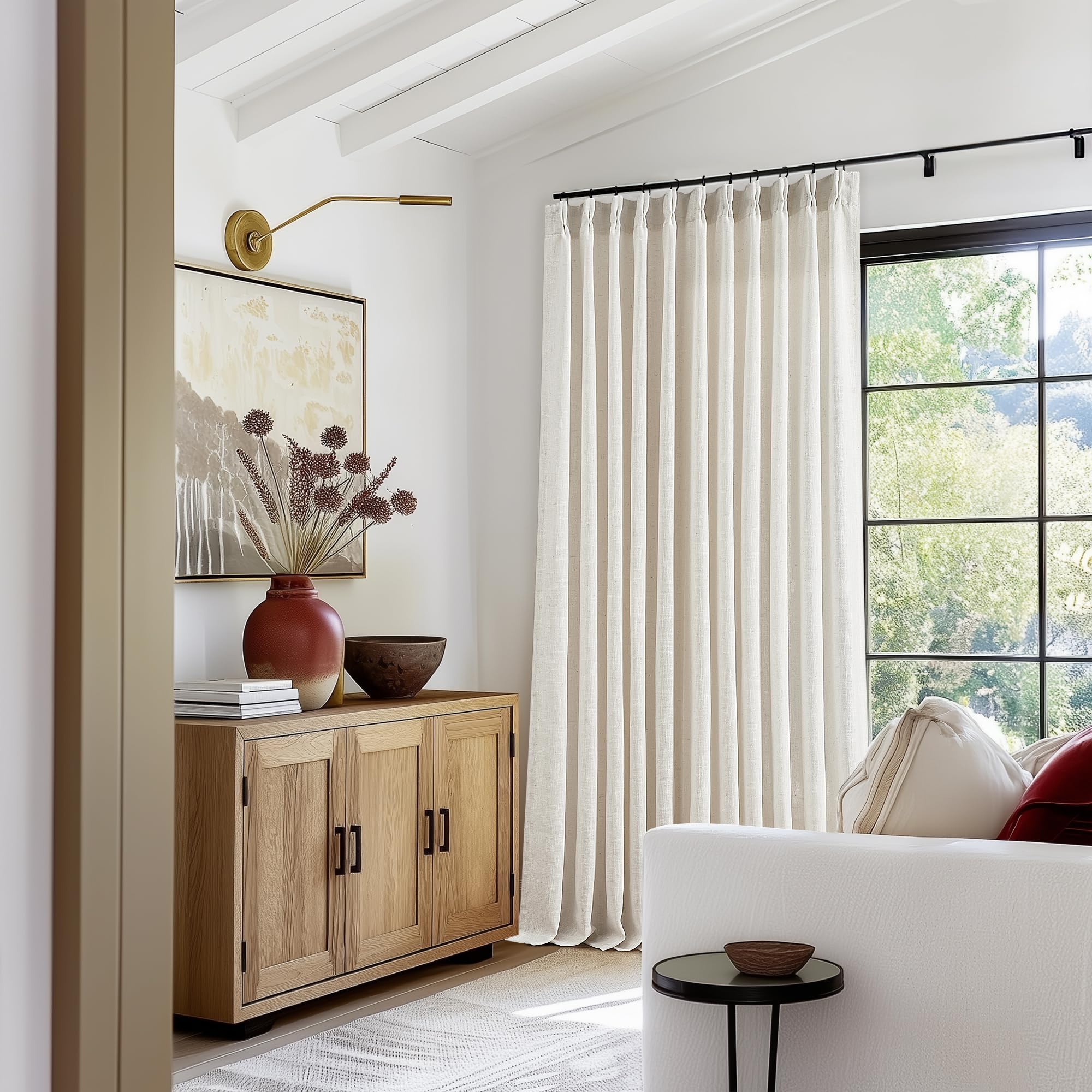90 Inch Pinch Pleated Linen Curtains 2 Panel Set for Living Room Cream Natural Thick Linen Textured Drapes 90 Inches Long Pinch Pleat Drapes Birch Ivory Semi Sheer Curtain for Dining Bedroom Office