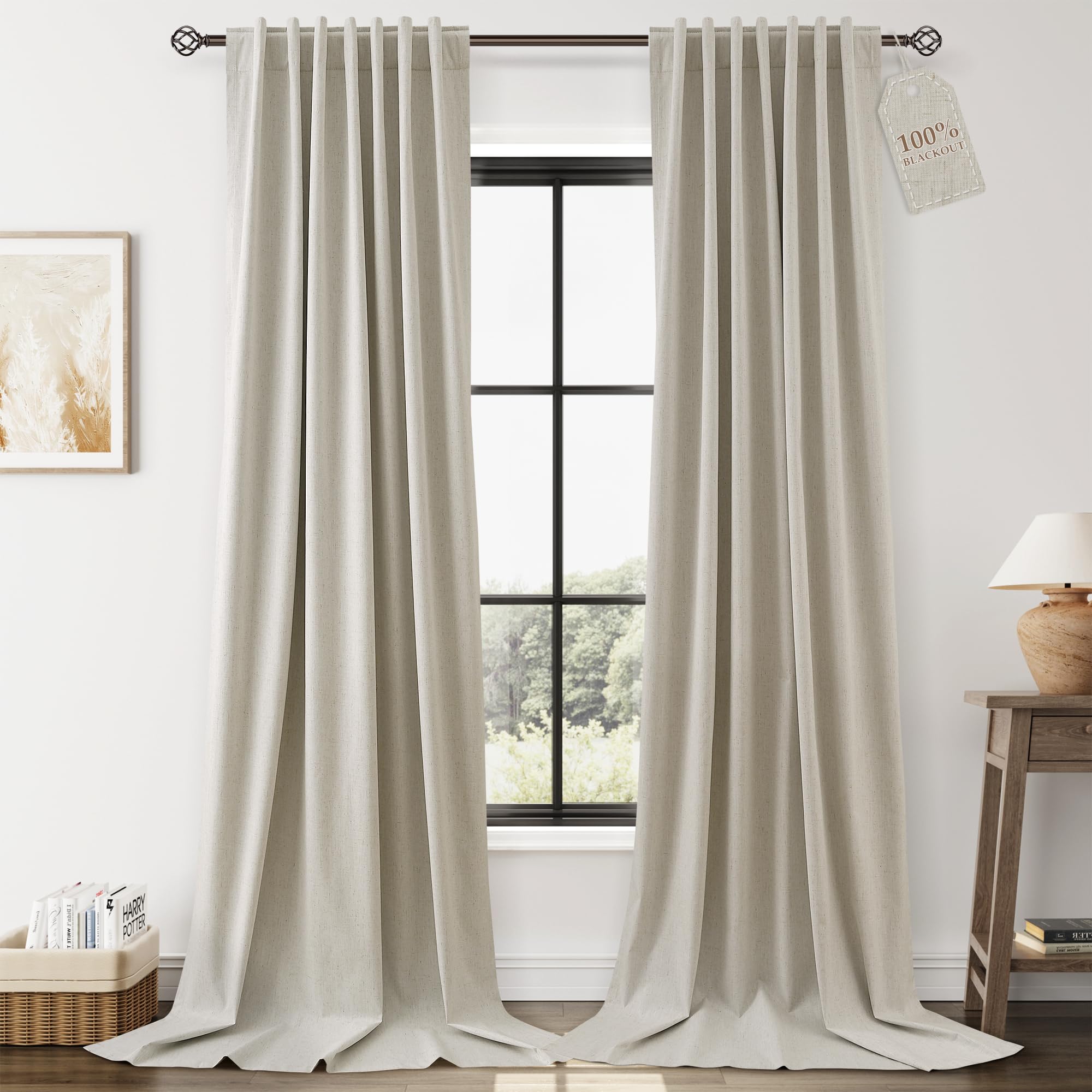 Nanspring Light Grey 100% Blackout Linen Curtains for Bedroom 90 Inches Long Back Tab Thermal Insulated Modern Luxury Simple Black Out Curtain for Living Room Dining Room Drapes 52x90, 2 Panels