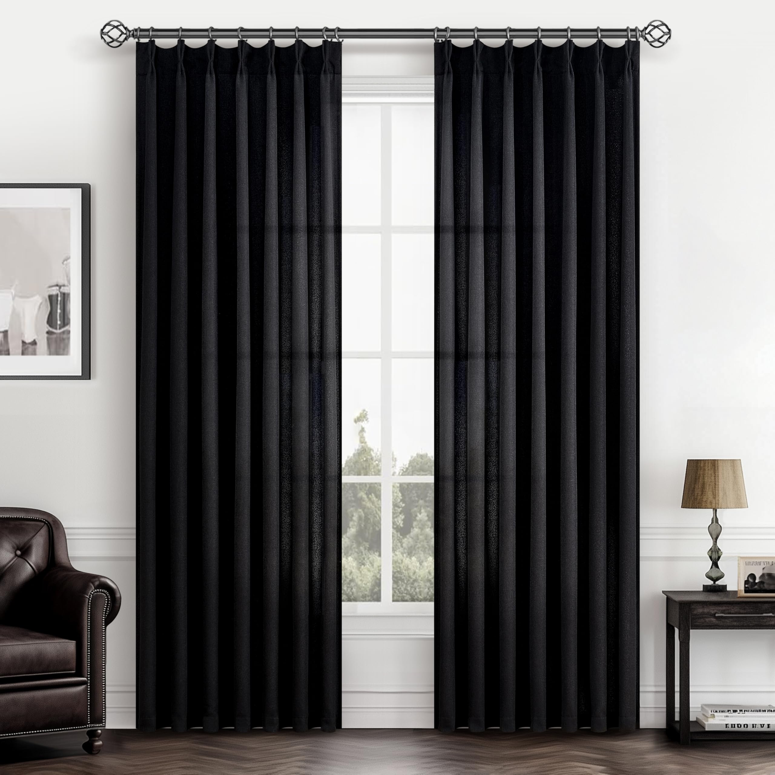 PleatedDrapes 96 Inch Curtains 2 Panel Set, Modern Linen Pleat Back Tab Dining Room Window Curtains Light Filtering Aesthetic Semi Sheer Living Room Drapes with Hooks Ring Cream Oatmeal W40 x L96