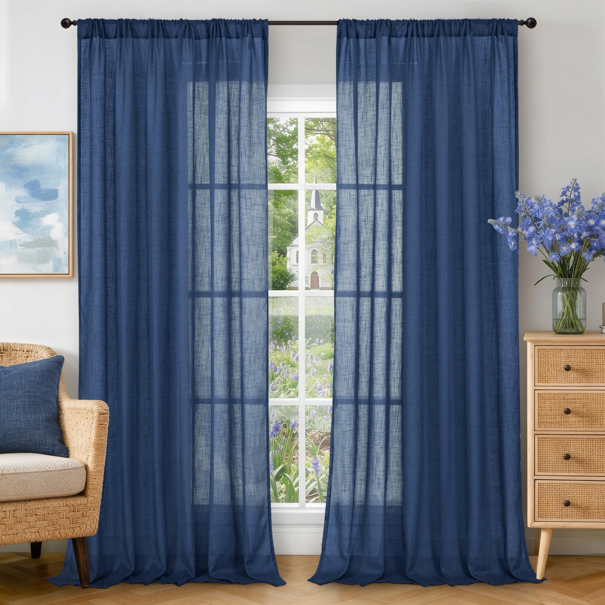 BGment 90 Inches Long Curtains Linen Semi Sheer, Light Filtering Window Treatments Drapes with Rod Pocket Lightweight for Living Room Bedroom, 2 Panels, 52 Inch Wide Each Panel