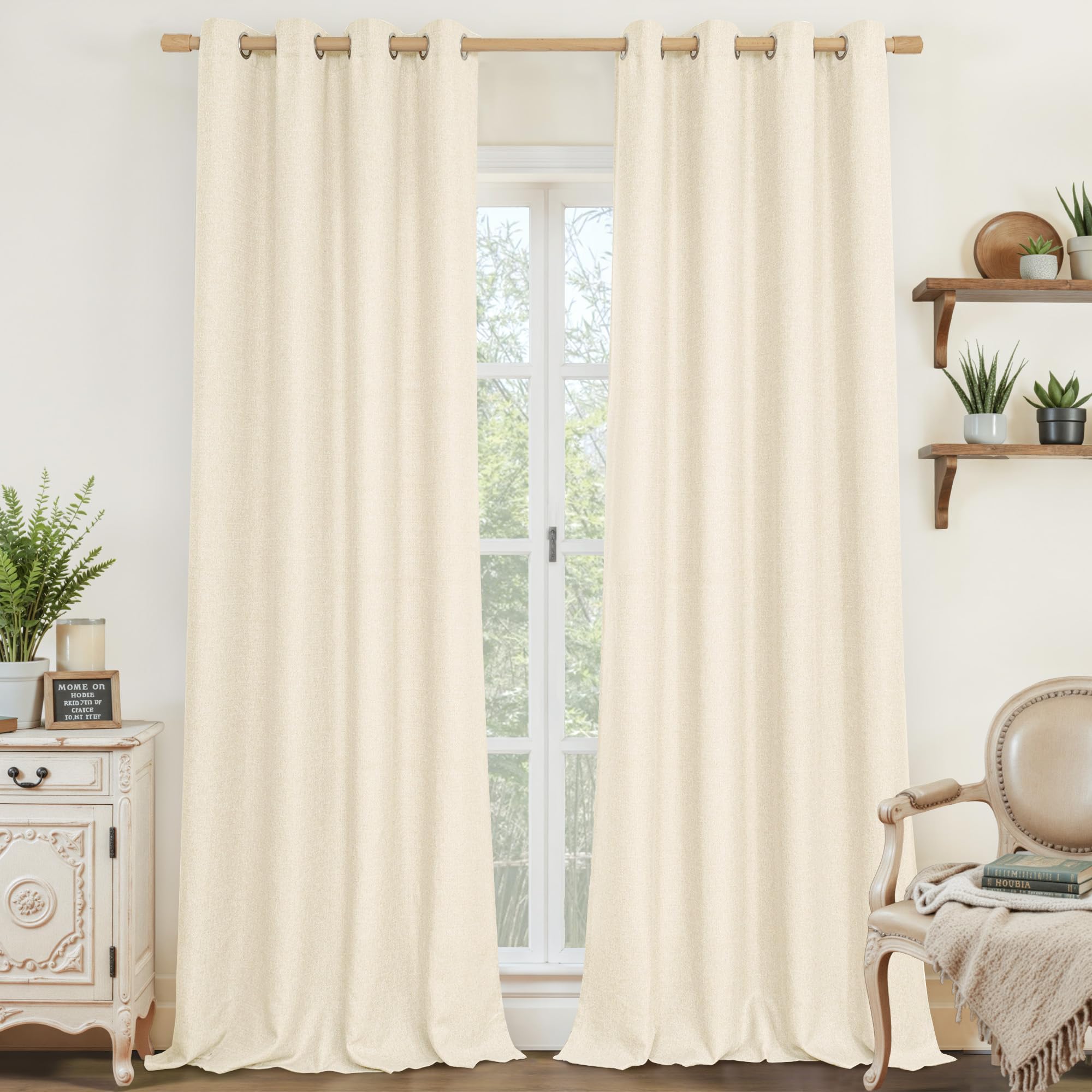 LAMIT Natural Beige Linen Curtains for Bedroom, 84 inches Grommet Thermal Insulated Thick Burlap Farmhouse Neutral Curtains Noise Reducing Light Filtering Drapes for Living Room, 2 Panels, W60 x L84