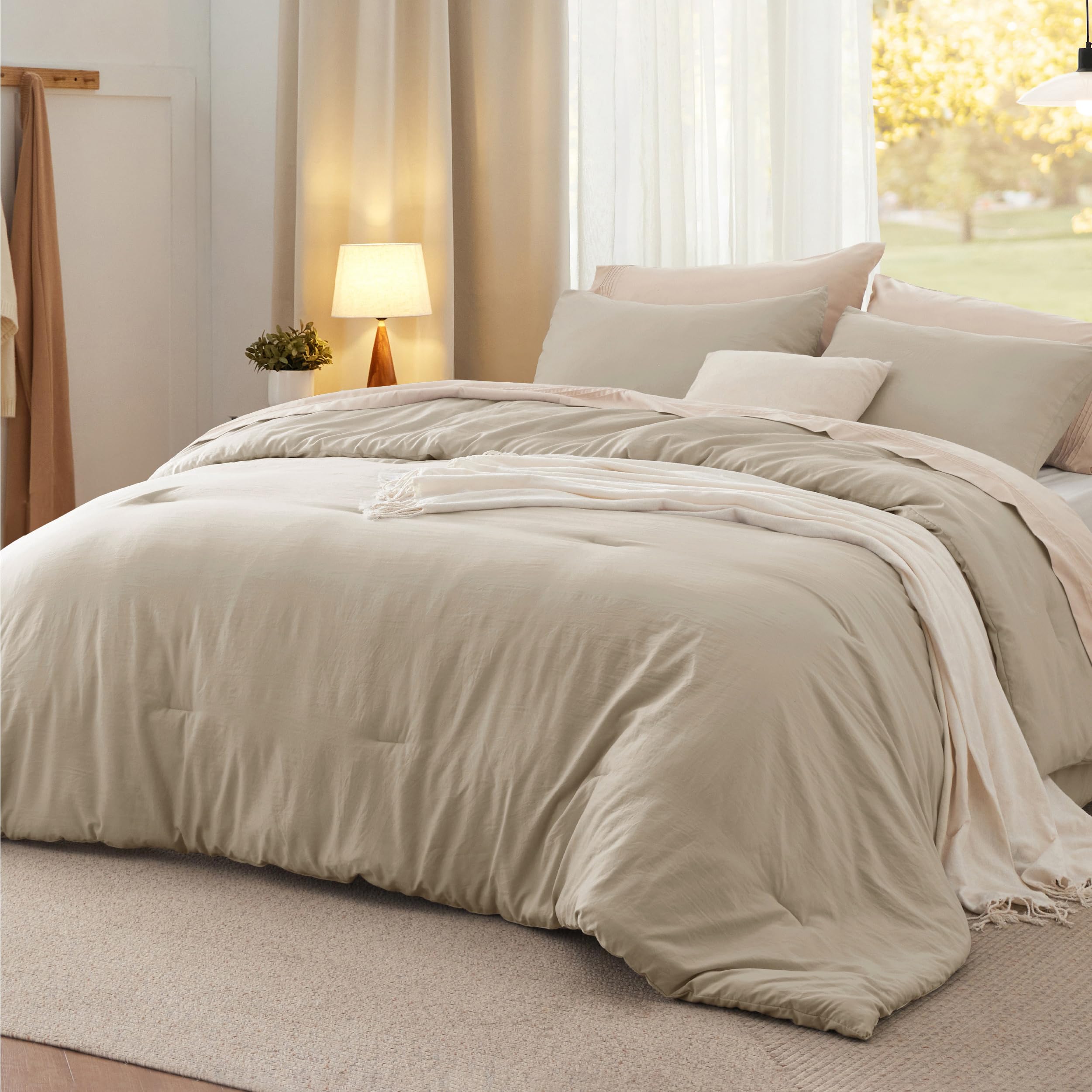 Bedsure King Comforter Set, Beige Soft Prewashed Bedding for All Seasons, 3 Pieces GentleSoft™ Bed Set, 1 Lightweight Comforter (104"x90") and 2 Pillowcases (20"x36")