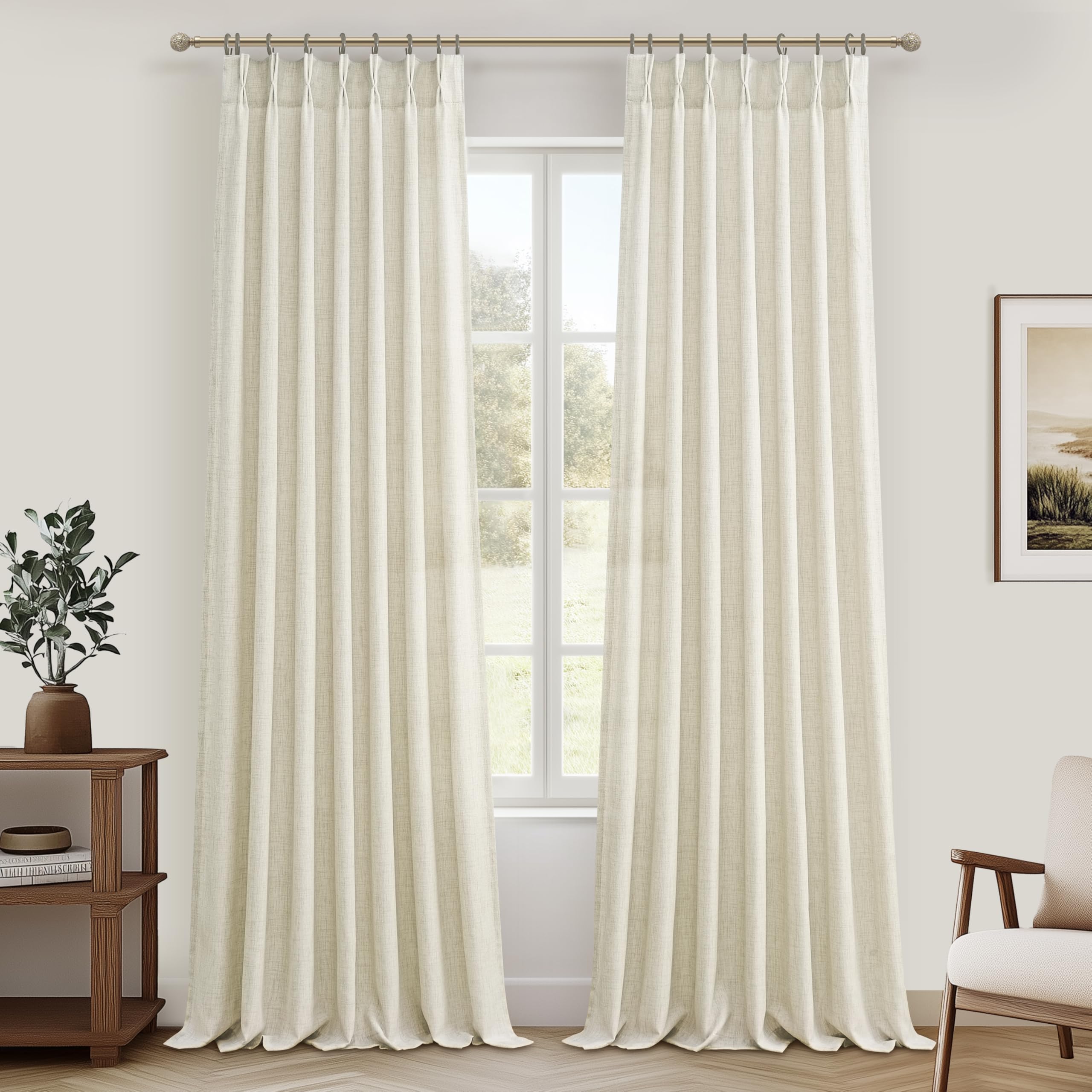 PleatedDrapes 96 Inch Curtains 2 Panel Set, Modern Linen Pleat Back Tab Dining Room Window Curtains Light Filtering Aesthetic Semi Sheer Living Room Drapes with Hooks Ring Cream Oatmeal W40 x L96