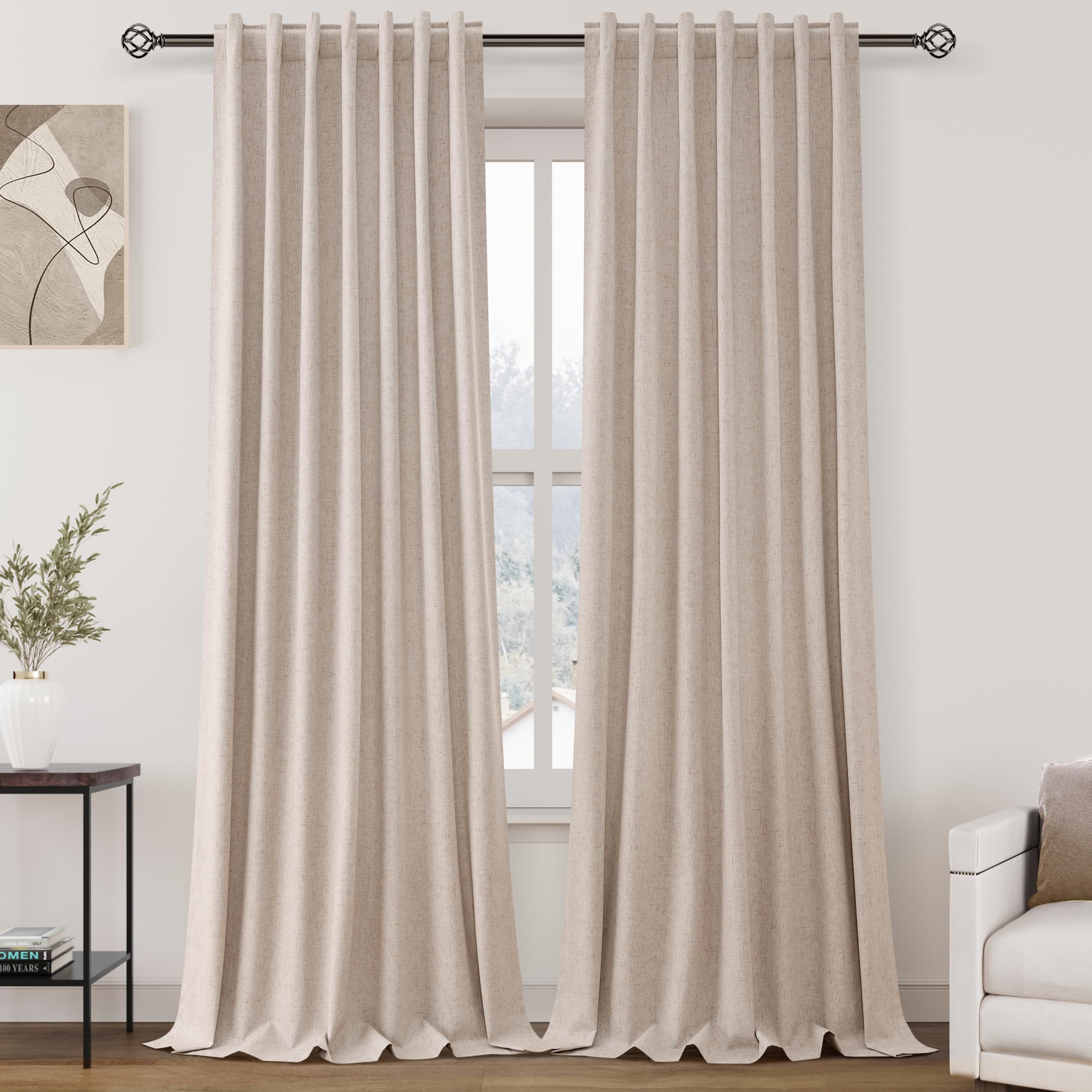 Nanspring Light Grey 100% Blackout Linen Curtains for Bedroom 90 Inches Long Back Tab Thermal Insulated Modern Luxury Simple Black Out Curtain for Living Room Dining Room Drapes 52x90, 2 Panels