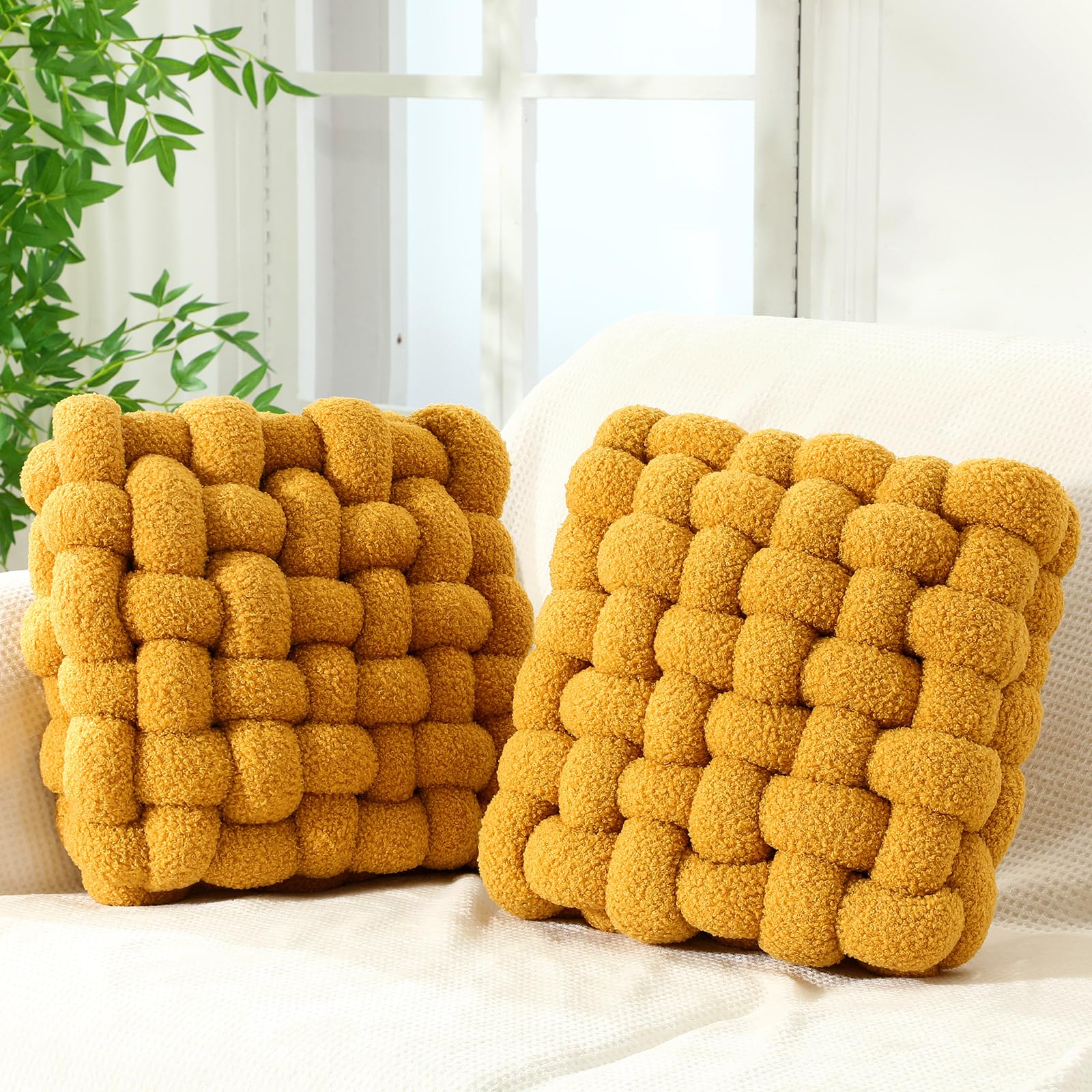 Wenqik 2 Pcs Knot Pillows Square Knotted Plush Throws Soft Accent Pillows Decoration Cushion for Couch Home Office Living Room Bedroom Bed Sofa Decor, 12'' x 13''(Cream White,Lambswool)