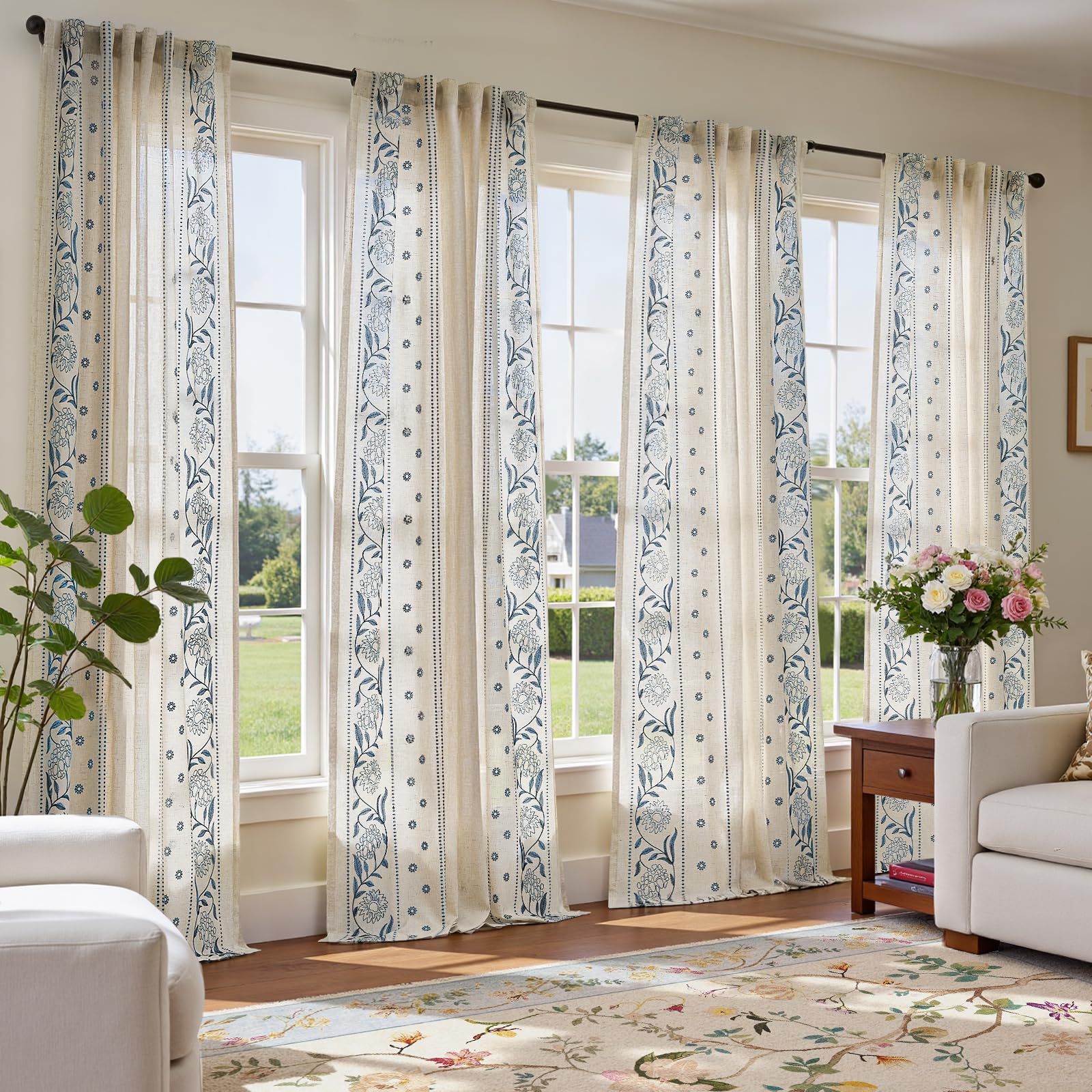 jinchan Winslow Linen Curtains for Bedroom 84 Inches Length Embroidered Bordered Floral Curtains for Living Room Farmhouse Decor Light Filtering Window Treatments Sage on Beige Drapes 2 Panels