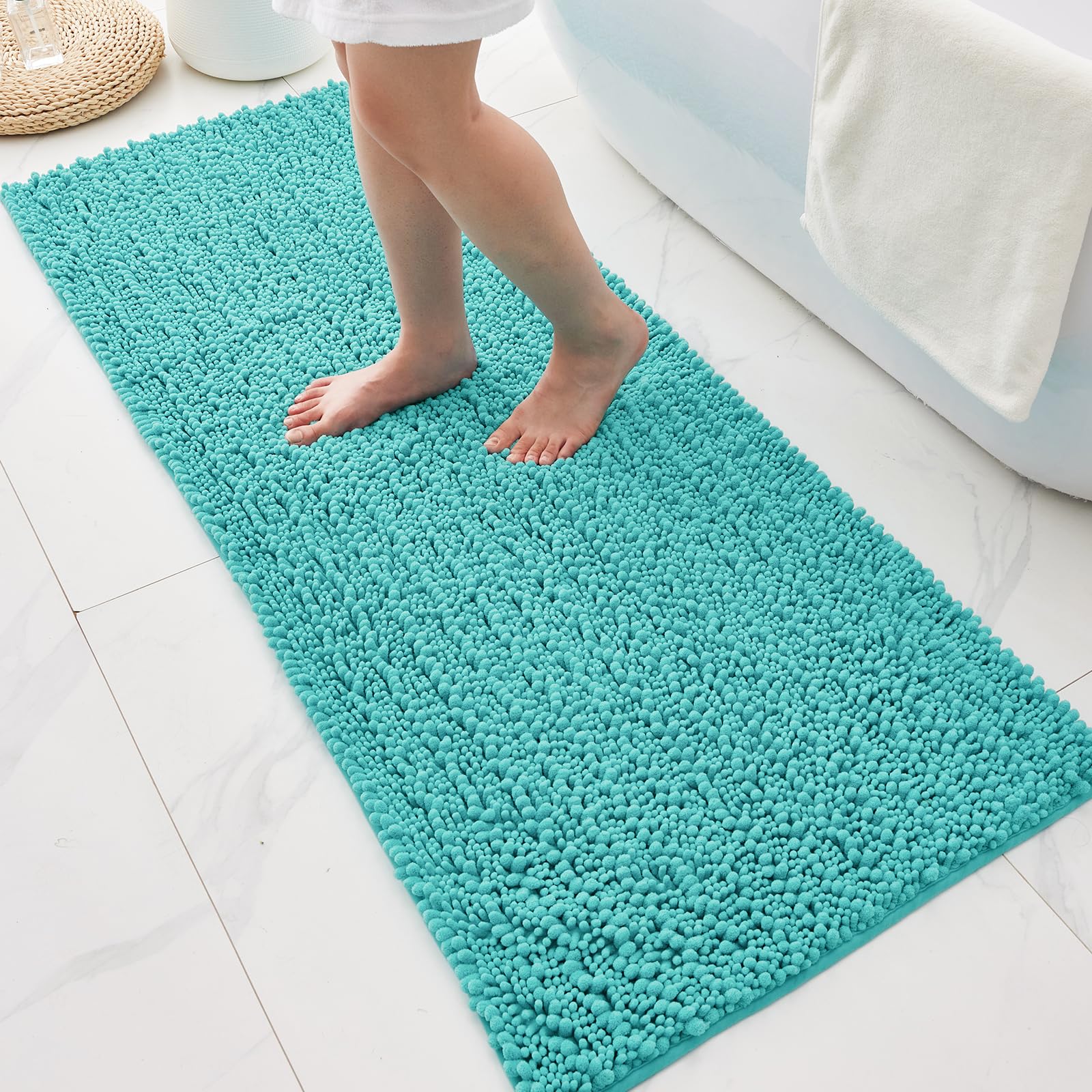 Bathroom Rugs Non Slip Washable 70x24, Extra Thick Soft Chenille Absorbent Bath Mat, High Density Barrier Non Slip Backing, Quick Dry Plush Shaggy Floor Carpet for Tub&Shower, White