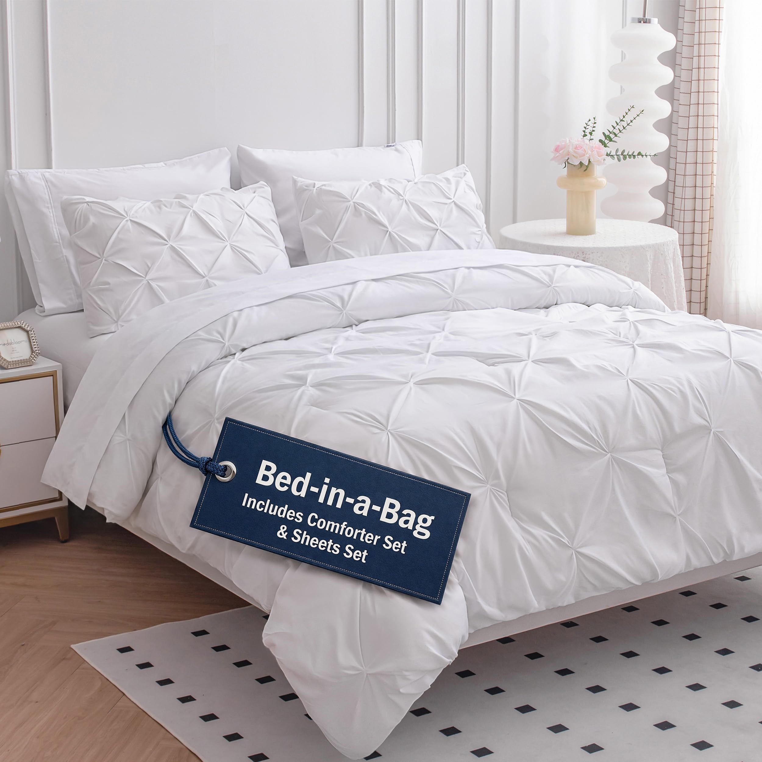 LANE LINEN Full Size Bed Comforter - 7 Piece - Refined Pintuck Finish for Hotel Style Bedding - Breathable Microfiber Bed in a Bag Comforter - Ideal for Apartments & First Homes - French Blue | Hotel sleep feel