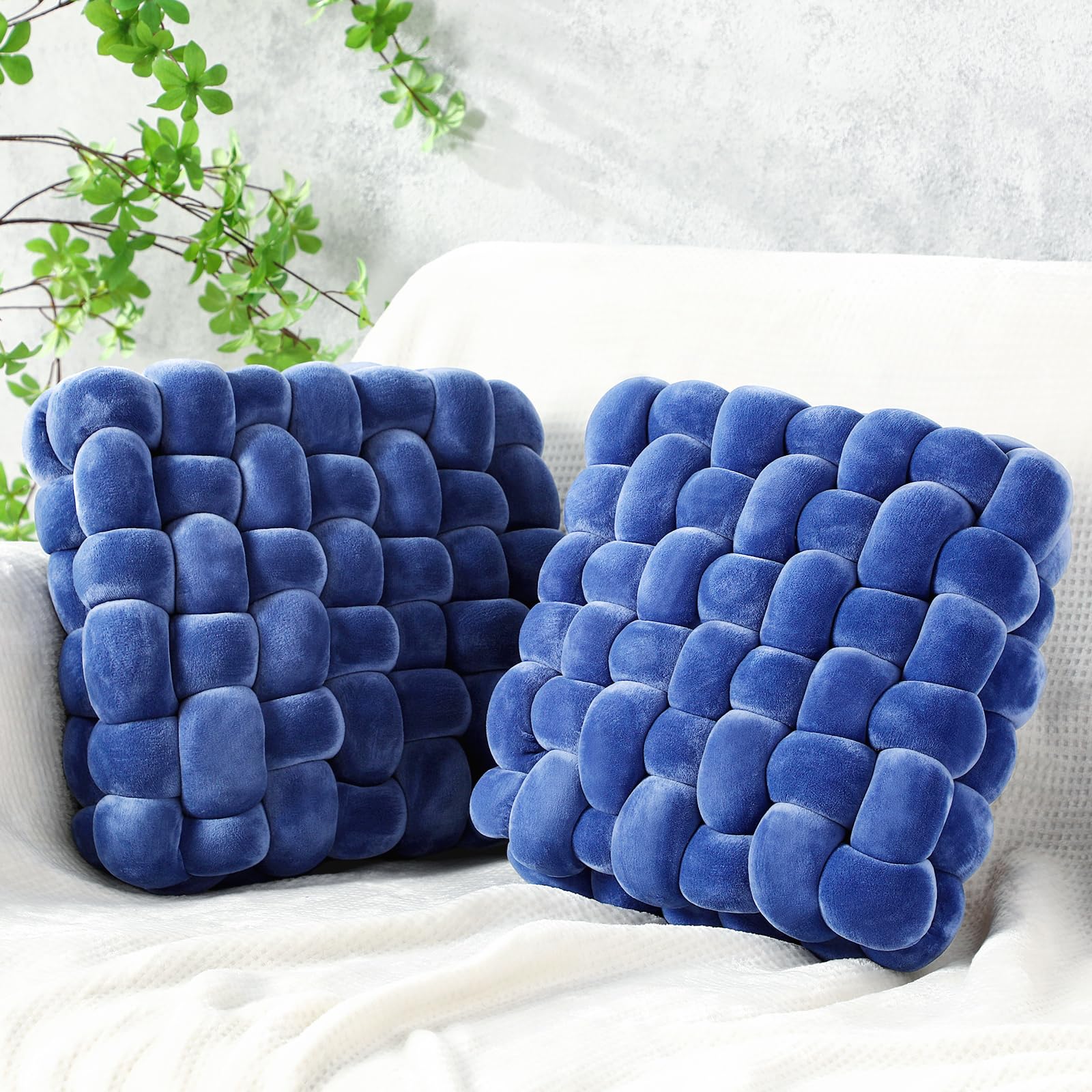 Wenqik 2 Pcs Knot Pillows Square Knotted Plush Throws Soft Accent Pillows Decoration Cushion for Couch Home Office Living Room Bedroom Bed Sofa Decor, 12'' x 13''(Cream White,Lambswool)