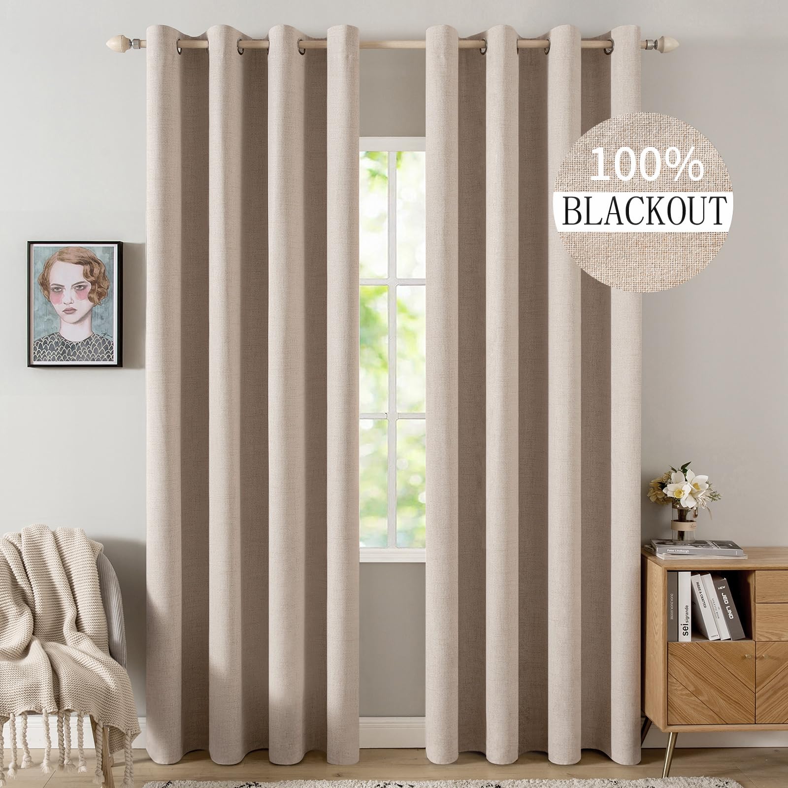 MIULEE 100% Blackout Linen Curtains for Bedroom Thermal Insulated Birch Grommet Room Darkening Curtains & Drapes for Living Room Nursery 52 x 96 Inch (2 Panels)