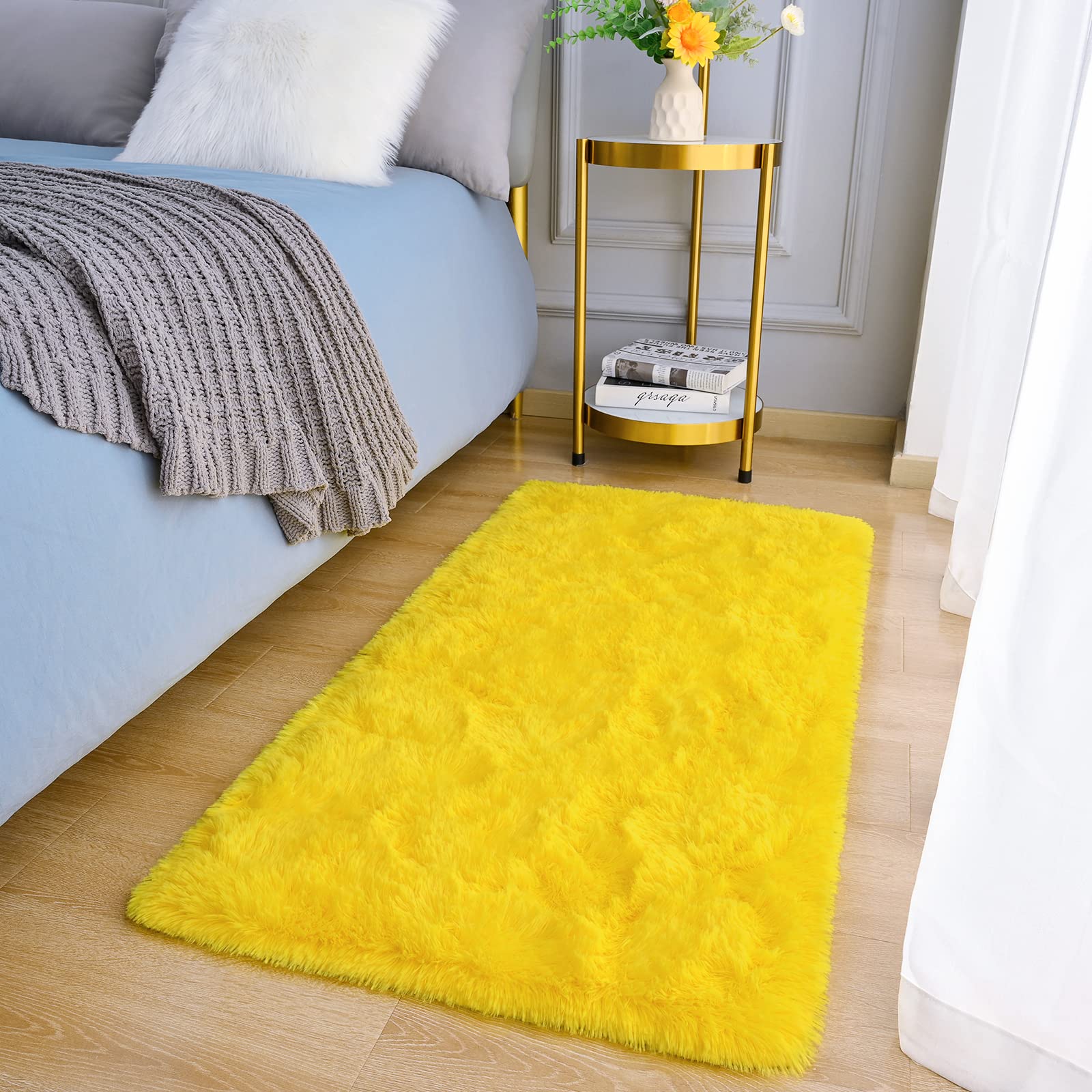 Amearea Yellow 6×9ft Soft Shag Rug, Non-slip Fluffy Carpet for Bedroom, Living Room & Nursery