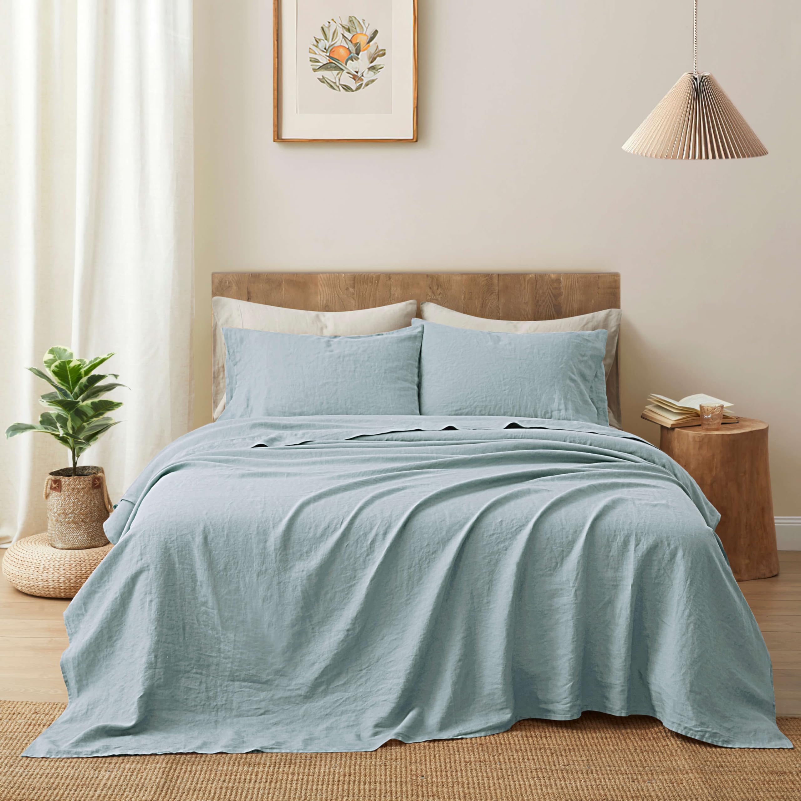 ATLINIA 100% Pure Flax Linen Bedding Set - Stone Washed French Linen Fabric Deep Pocket Fitted Sheet Farmhouse Flat Sheet 2 Pillowcases (Natural, Queen)