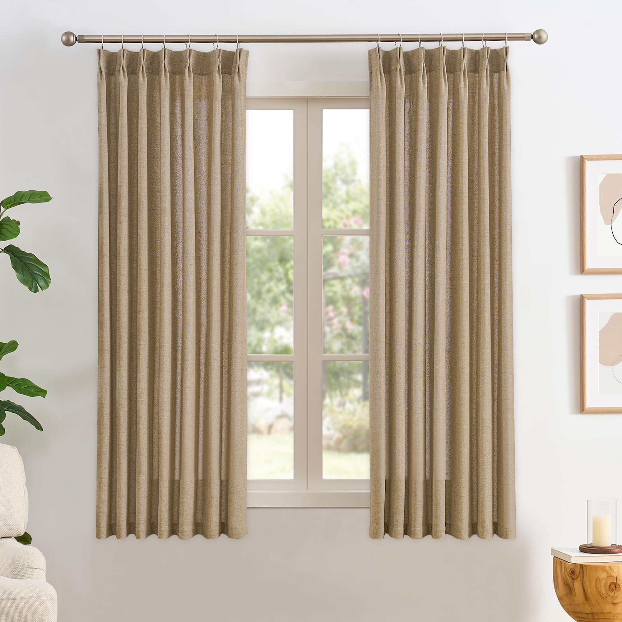 RAIN CITY 102 Inch Curtains Pinch Pleated 2 Panels Set, Back Tab with Hooks Semi Sheer Linen Curtains for Living Room Primitive Window Drapes for Sliding Door Sand Beach Decor 42 Each Wide