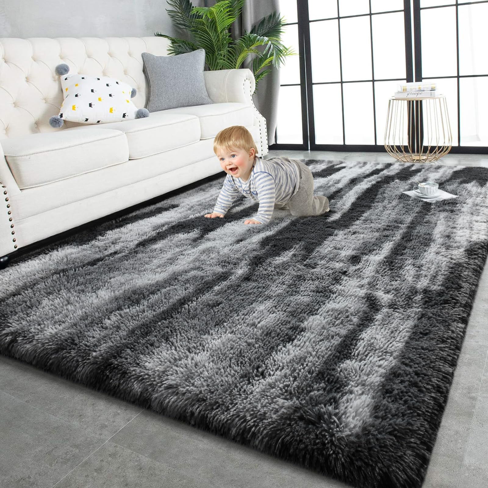 TWINNIS Super Soft Shaggy Rugs Fluffy Carpets, 6x9 Feet, Indoor Modern Plush Area Rugs for Living Room Bedroom Kids Room Nursery Home Decor, Upgrade Anti-Skid Rectangular Fuzzy Rug, Black Gray