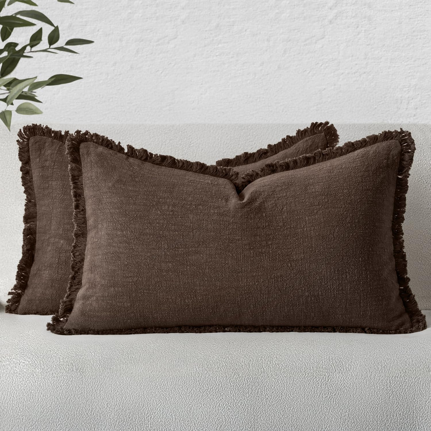MIULEE Decorative Throw Pillow Covers Neutral Linen Fringe Throw Pillows Set of 2 Natural Linen Boho Farmhouse Cushion Covers with Tassels for Couch Sofa Bed Spring Home Decor 28x28 Inch