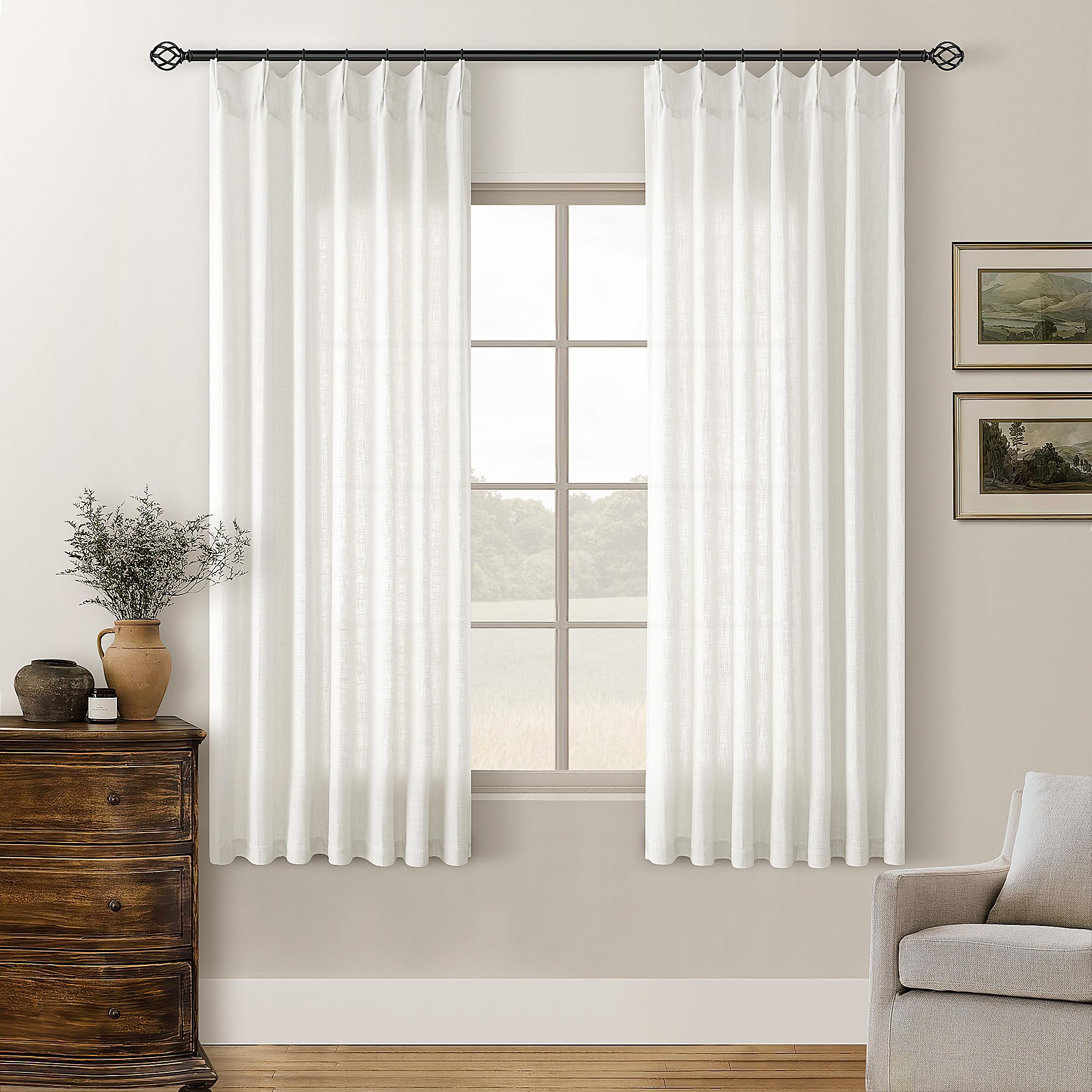 90 Inch Pinch Pleated Linen Curtains 2 Panel Set for Living Room Cream Natural Thick Linen Textured Drapes 90 Inches Long Pinch Pleat Drapes Birch Ivory Semi Sheer Curtain for Dining Bedroom Office