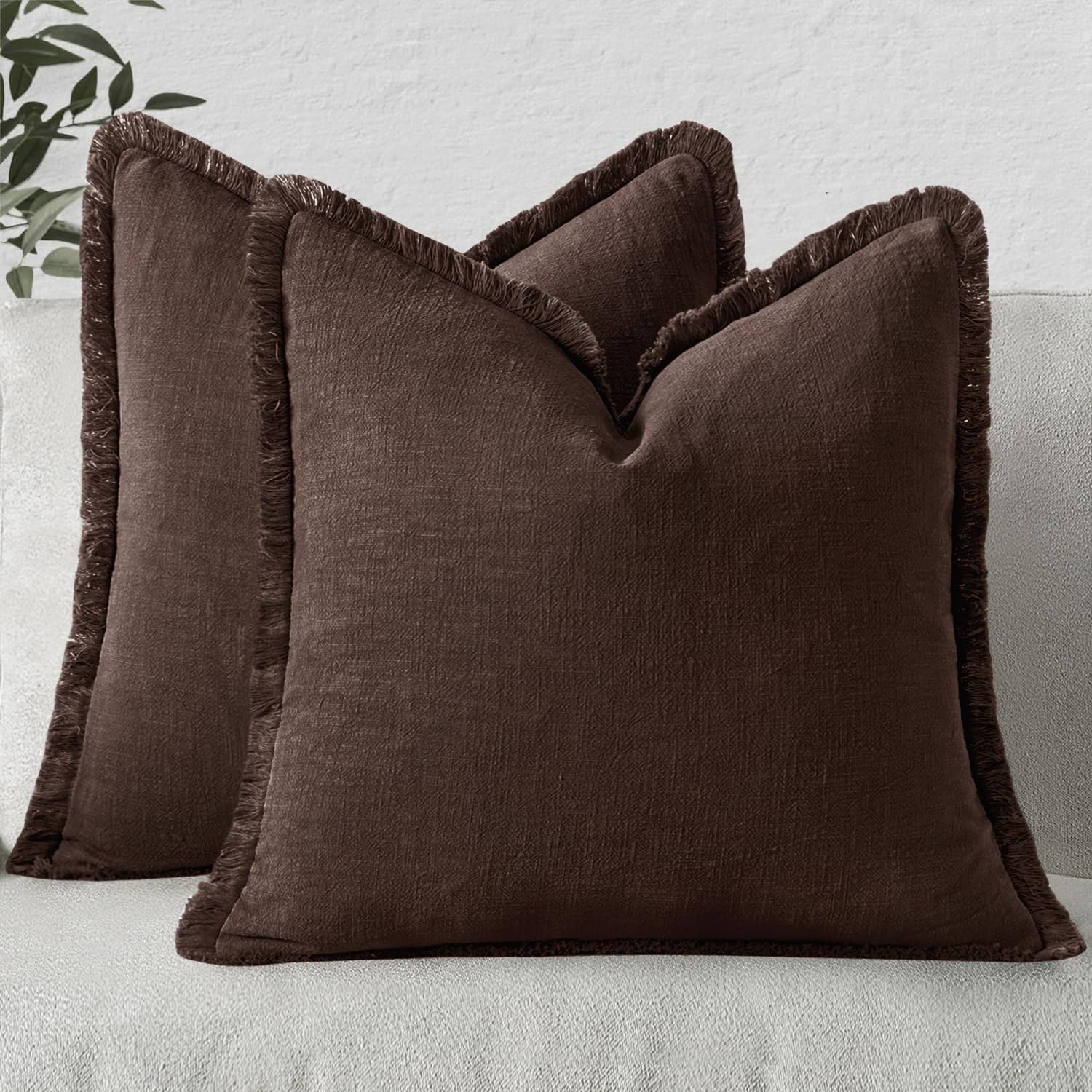 MIULEE Decorative Throw Pillow Covers Neutral Linen Fringe Throw Pillows Euro Shams Set of 2 Brown Boho Farmhouse Cushion Covers for Couch Sofa Bed Living Room Spring Home Decor 26x26 Inch
