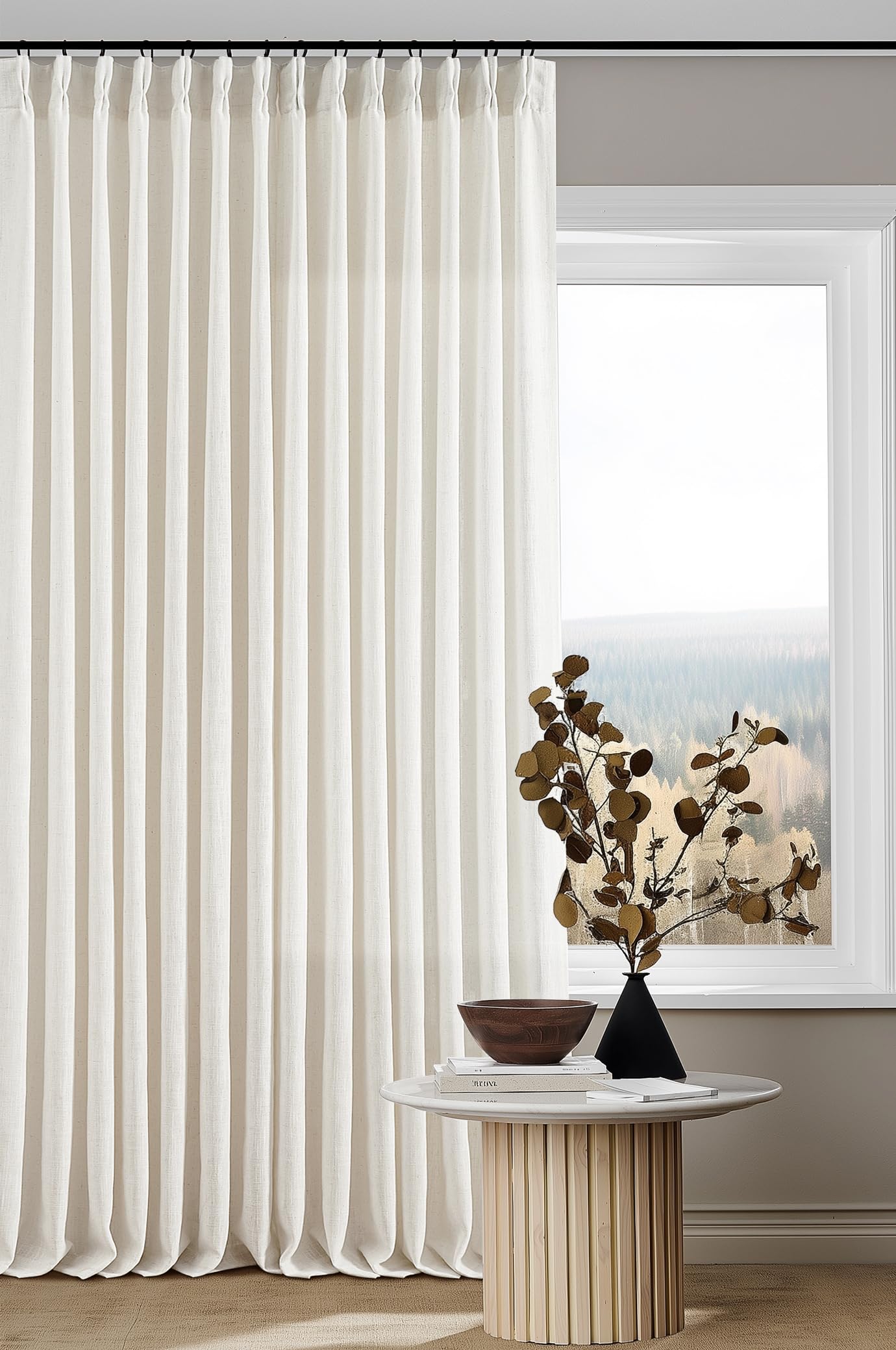 90 Inch Pinch Pleated Linen Curtains 2 Panel Set for Living Room Cream Natural Thick Linen Textured Drapes 90 Inches Long Pinch Pleat Drapes Birch Ivory Semi Sheer Curtain for Dining Bedroom Office