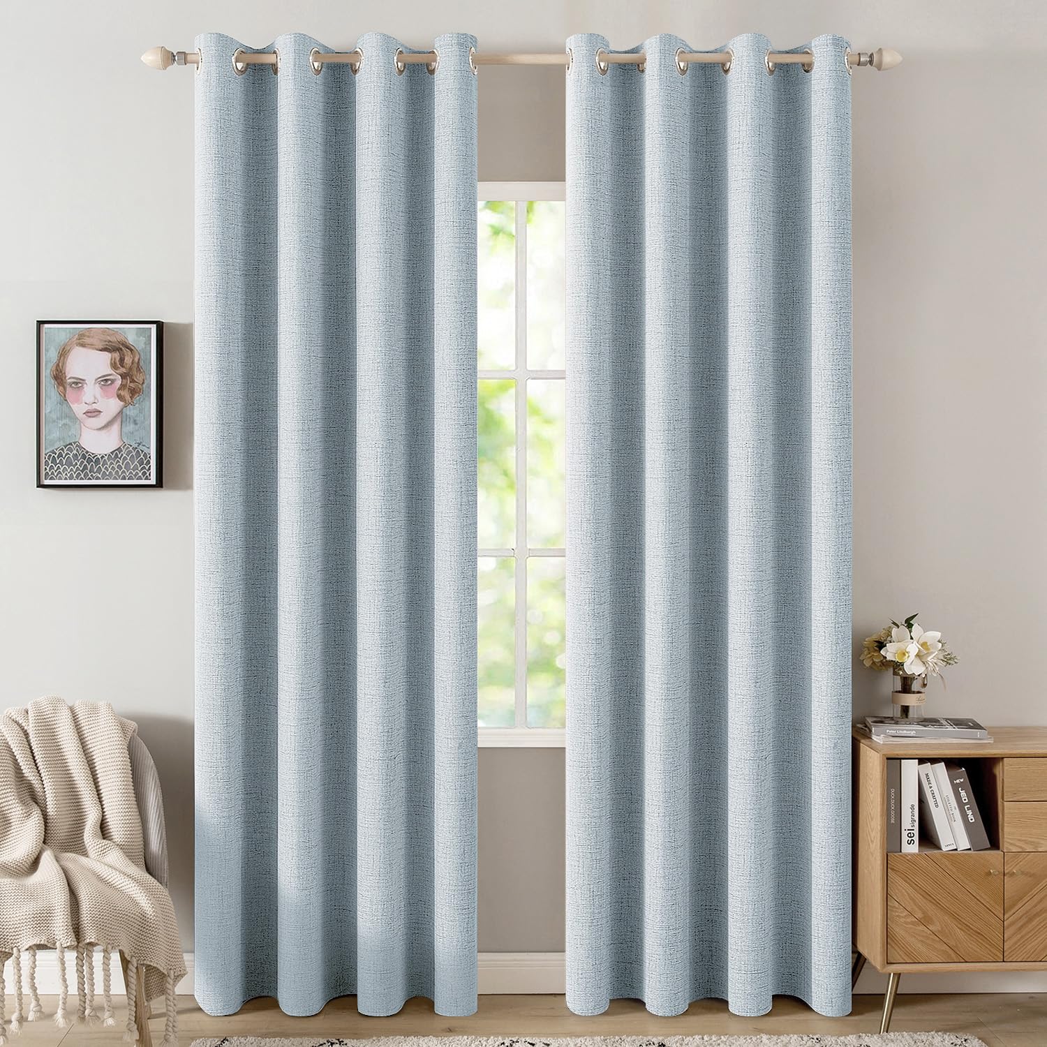 MIULEE 100% Blackout Linen Curtains for Bedroom Thermal Insulated Birch Grommet Room Darkening Curtains & Drapes for Living Room Nursery 52 x 96 Inch (2 Panels)
