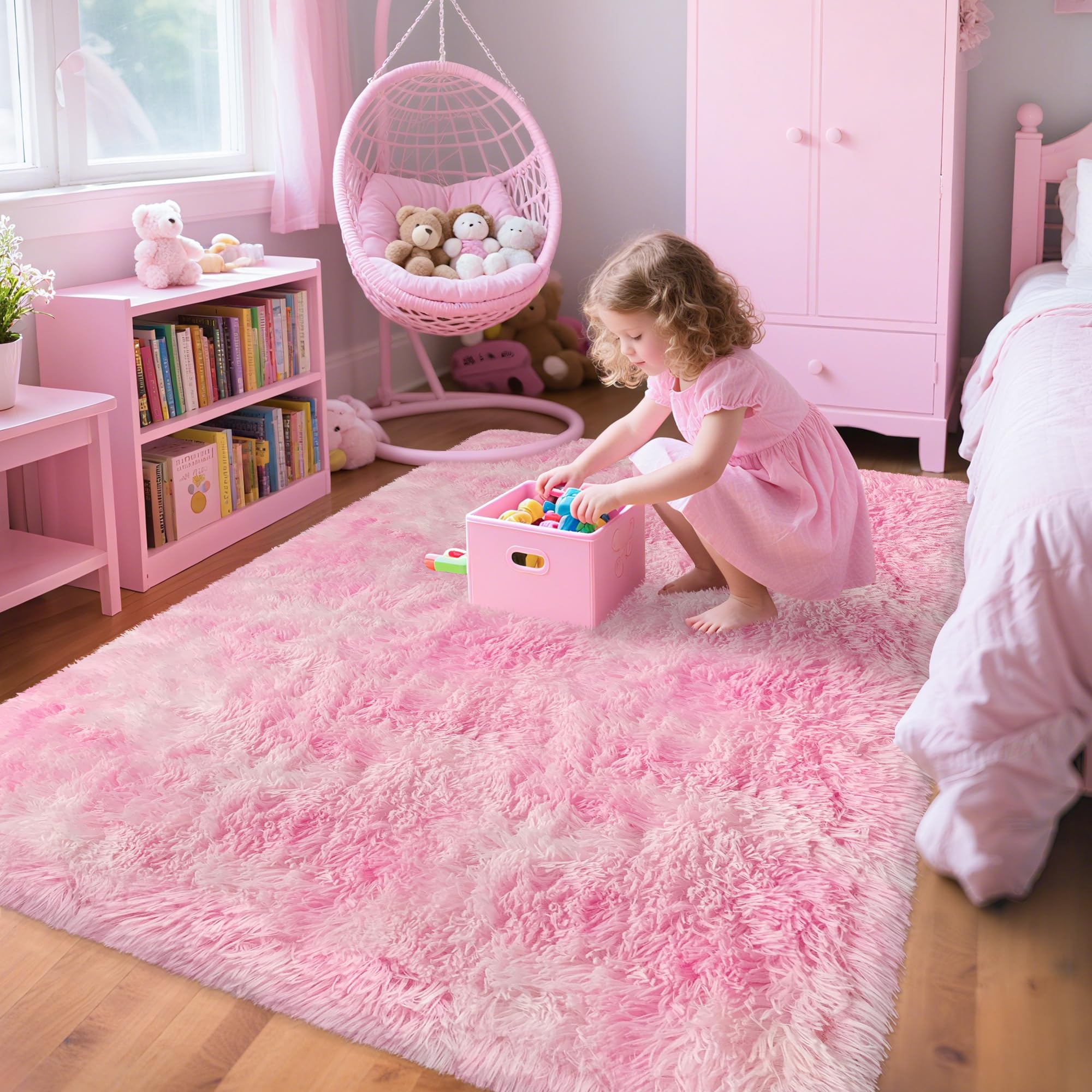 5x8 Ft Light Grey Large Area Rugs for Bedroom,Fluffy Furry Rug Floor Carpets Shaggy Playing Mat for Kids Baby Girls Room Nursery Home Decor Tie Dyed Gray Thick Rugs Fuzzy Home Decor
