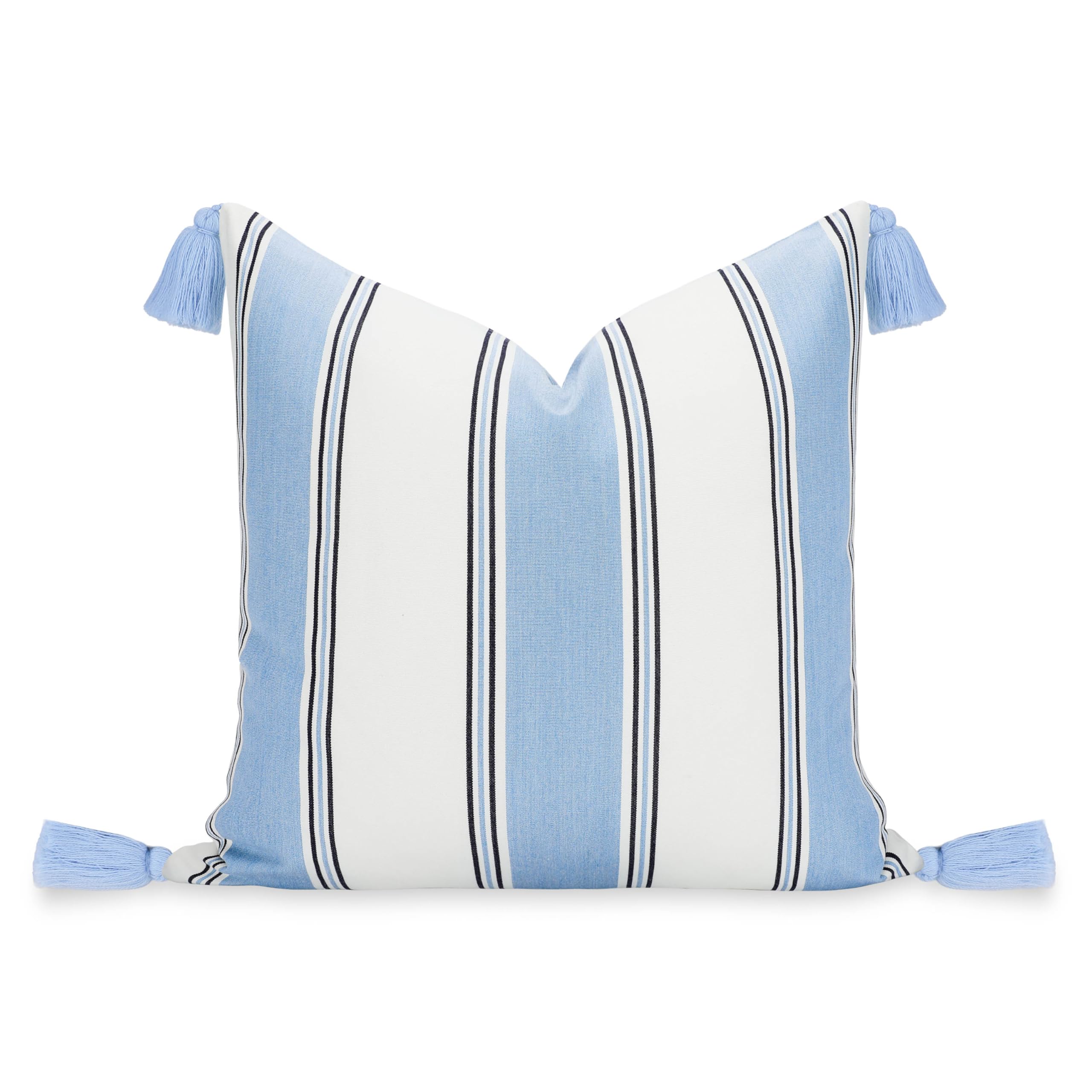Hofdeco Premium Coastal Hampton Outdoor Performance Throw Pillow Cover Only, 20"x20" Water Repellent, UV and Fade Resistant for Backyard, Couch, Poolside, Indigo Azure Blue Woven Harbor Stripes