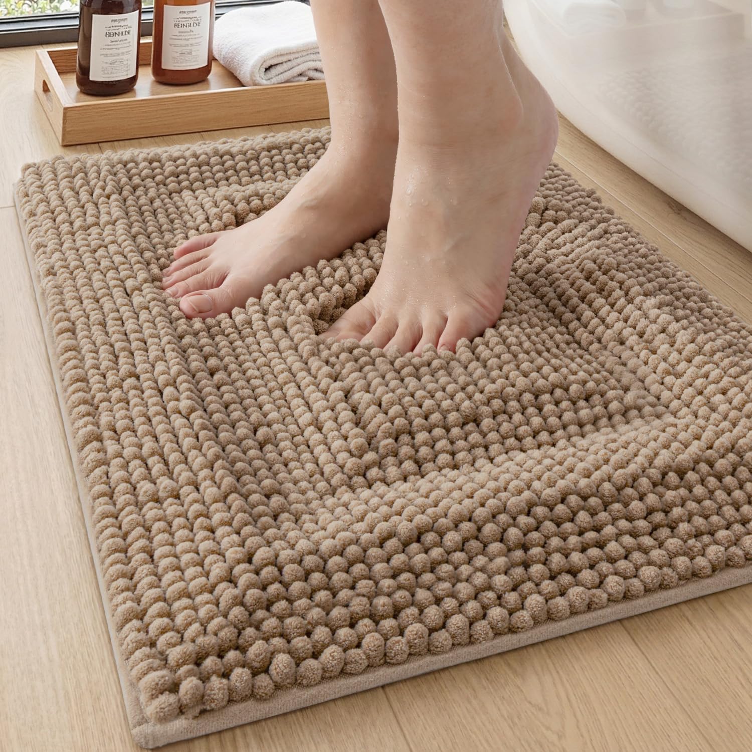 DEXI Bathroom Rugs 24x43, Non Slip Washable Bath Mat, Luxury Chenille Super Absorbent Ultra Thick Bathmats for Shower Floor, Plush Fluffy Shaggy Carpet for Tub, Beige