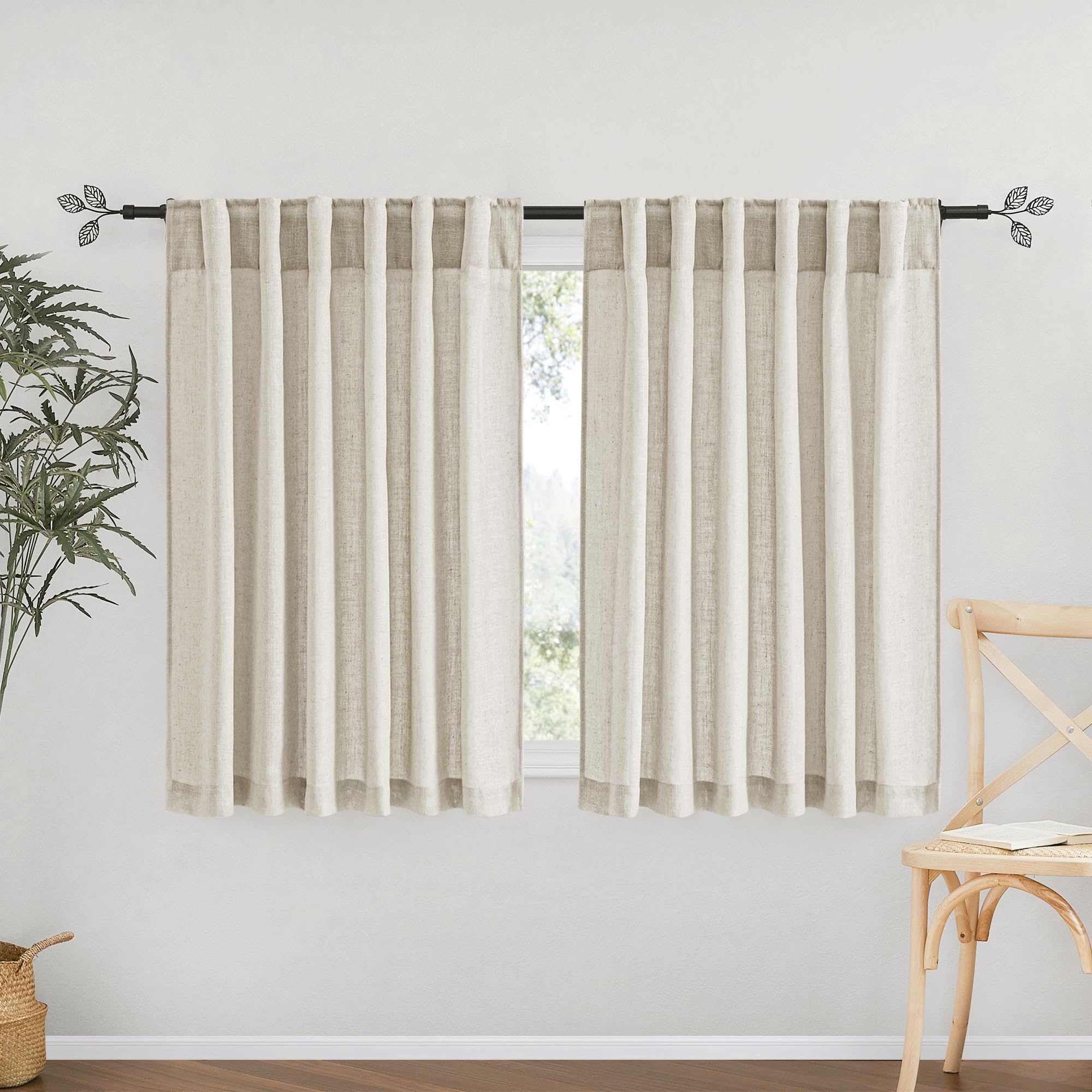 RYB HOME Farmhouse Sheer Curtains 108 inch Length, Semi Sheer Curtain & Drapes Large Window Dressing Lights & Winds Filter for Bedroom Home Office Living Room, Linen, W 70 x L 108 inch Long, 1 Pair