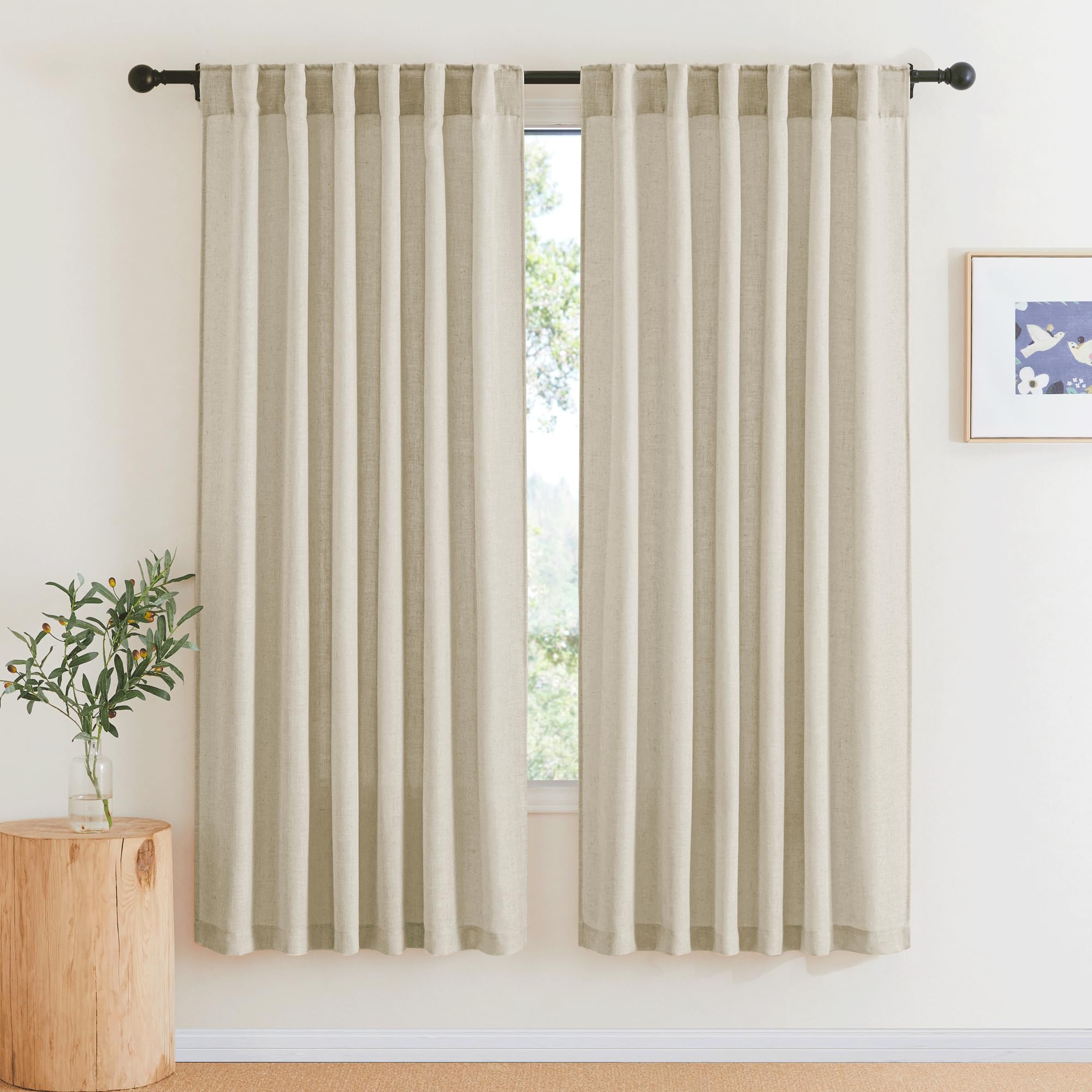 RYB HOME Farmhouse Sheer Curtains 108 inch Length, Semi Sheer Curtain & Drapes Large Window Dressing Lights & Winds Filter for Bedroom Home Office Living Room, Linen, W 70 x L 108 inch Long, 1 Pair