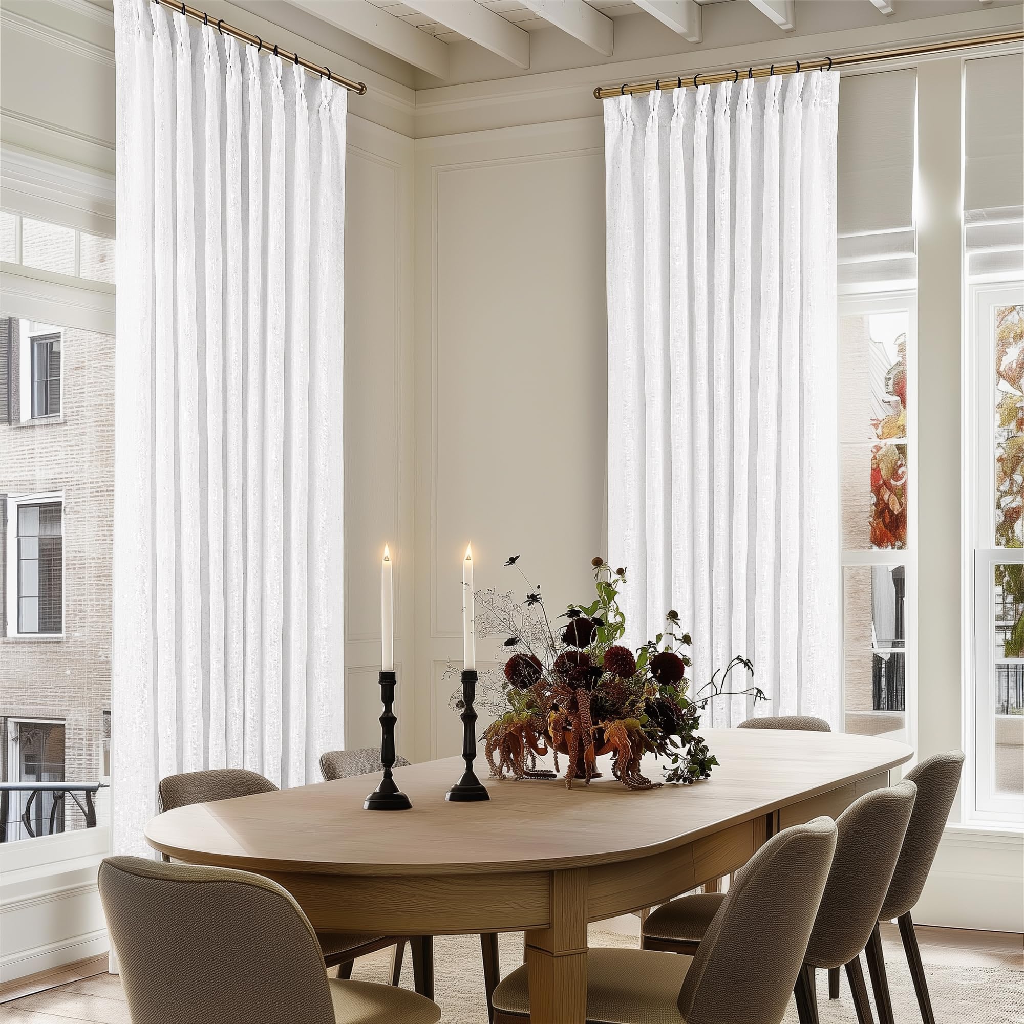 90 Inch Pinch Pleated Linen Curtains 2 Panel Set for Living Room Cream Natural Thick Linen Textured Drapes 90 Inches Long Pinch Pleat Drapes Birch Ivory Semi Sheer Curtain for Dining Bedroom Office