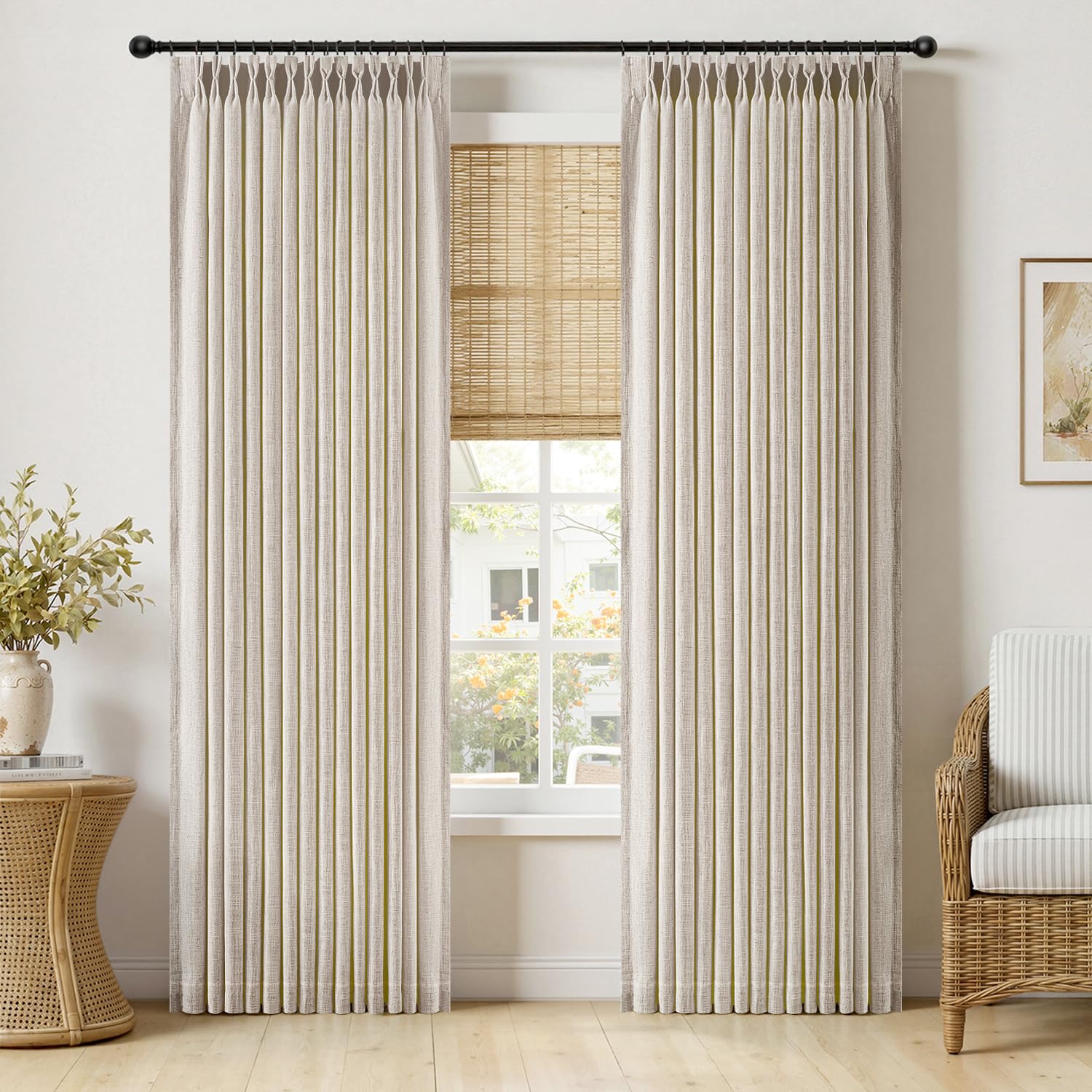 MIULEE Pinch Pleated Thick Linen Curtains 90 Inches Long 2 Panels for Living Room Bedroom, Linen Texture Memory Trained Drapes Pinch Pleat Rustic Farmhouse Window Curtains with Hooks&Rings, Taupe