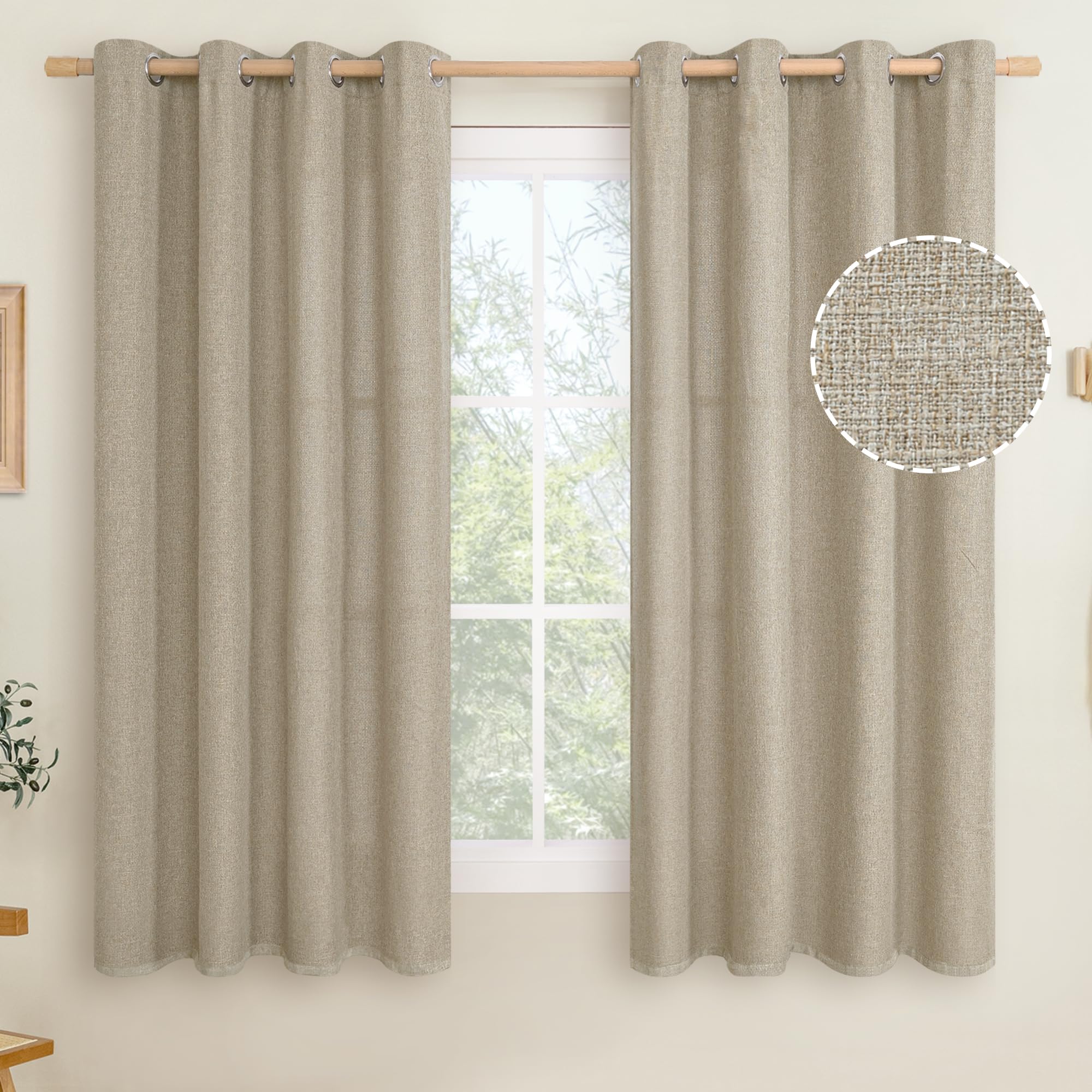 LAMIT Natural Beige Linen Curtains for Bedroom, 84 inches Grommet Thermal Insulated Thick Burlap Farmhouse Neutral Curtains Noise Reducing Light Filtering Drapes for Living Room, 2 Panels, W60 x L84