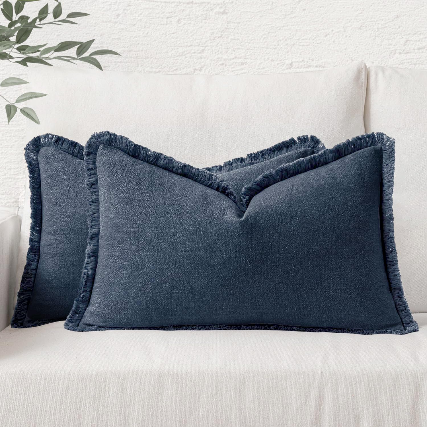 MIULEE Decorative Throw Pillow Covers Neutral Linen Fringe Throw Pillows Set of 2 Natural Linen Boho Farmhouse Cushion Covers with Tassels for Couch Sofa Bed Spring Home Decor 28x28 Inch