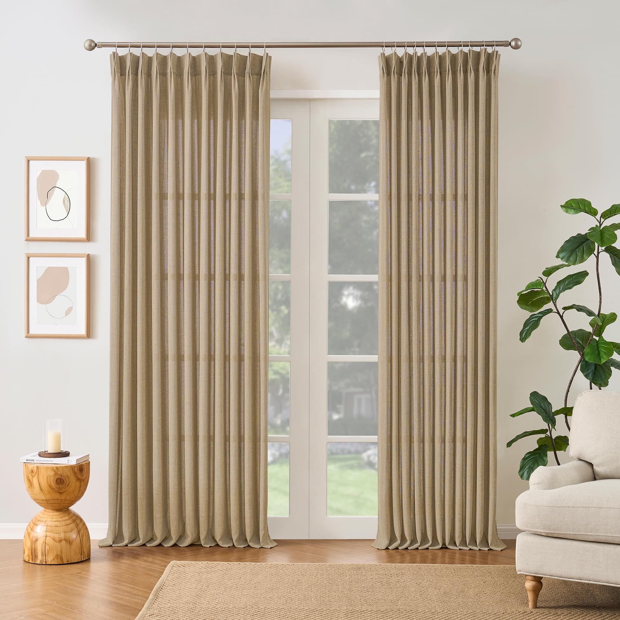 RAIN CITY 102 Inch Curtains Pinch Pleated 2 Panels Set, Back Tab with Hooks Semi Sheer Linen Curtains for Living Room Primitive Window Drapes for Sliding Door Sand Beach Decor 42 Each Wide