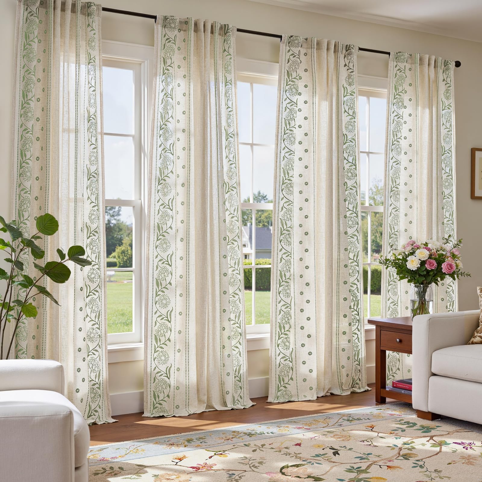 jinchan Winslow Linen Curtains for Bedroom 84 Inches Length Embroidered Bordered Floral Curtains for Living Room Farmhouse Decor Light Filtering Window Treatments Sage on Beige Drapes 2 Panels