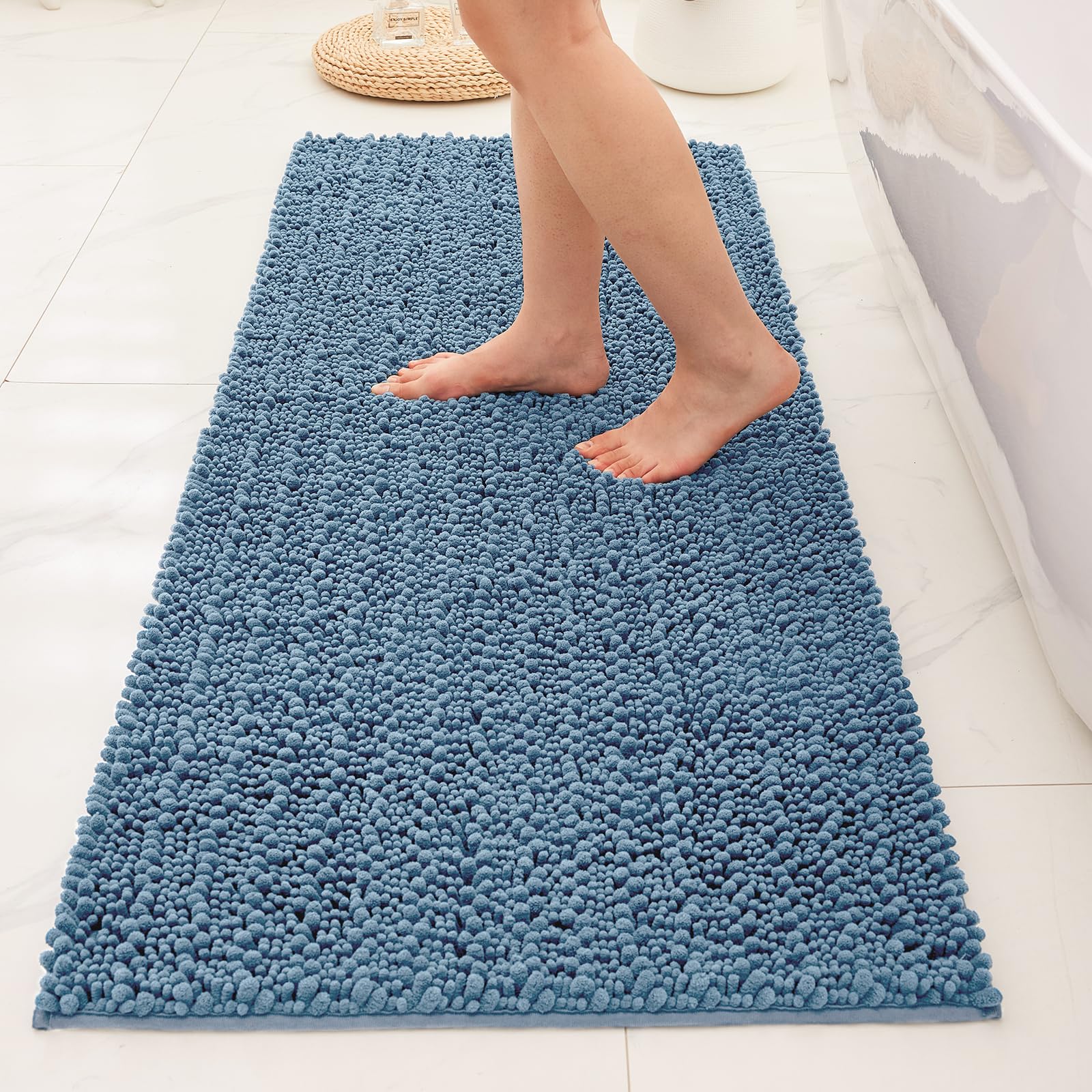 Bathroom Rugs Non Slip Washable 70x24, Extra Thick Soft Chenille Absorbent Bath Mat, High Density Barrier Non Slip Backing, Quick Dry Plush Shaggy Floor Carpet for Tub&Shower, White