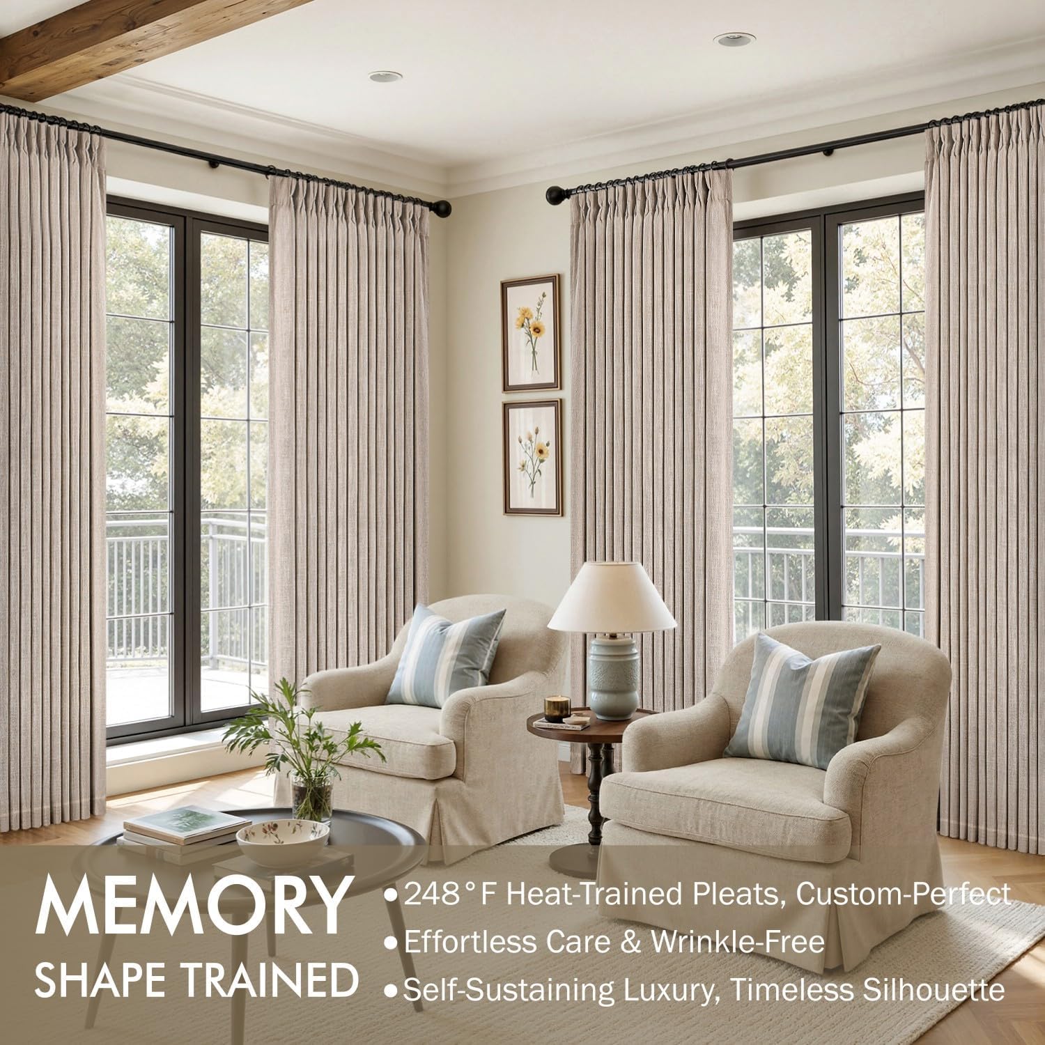 MIULEE Pinch Pleated Thick Linen Curtains 90 Inches Long 2 Panels for Living Room Bedroom, Linen Texture Memory Trained Drapes Pinch Pleat Rustic Farmhouse Window Curtains with Hooks&Rings, Taupe