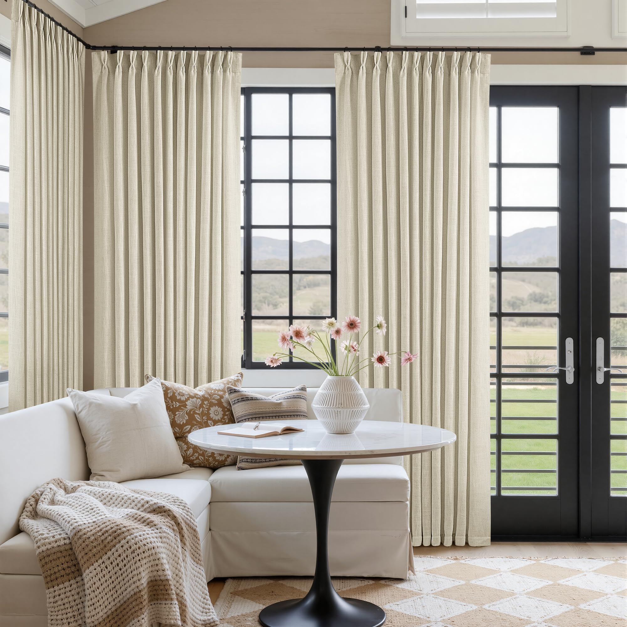90 Inch Pinch Pleated Linen Curtains 2 Panel Set for Living Room Cream Natural Thick Linen Textured Drapes 90 Inches Long Pinch Pleat Drapes Birch Ivory Semi Sheer Curtain for Dining Bedroom Office
