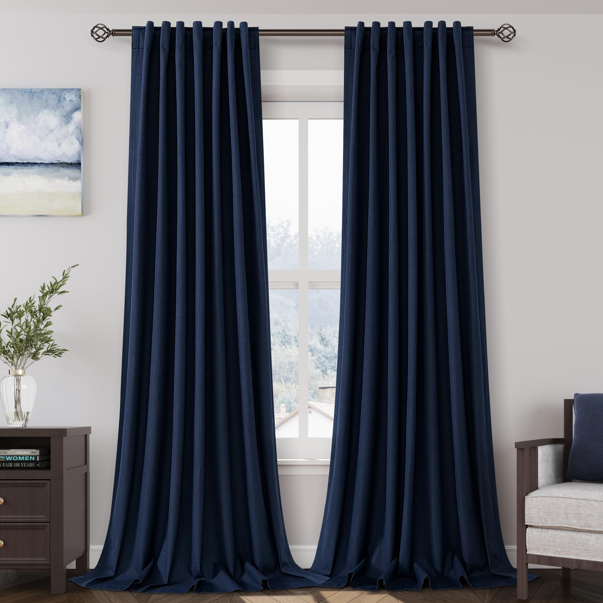 Nanspring Light Grey 100% Blackout Linen Curtains for Bedroom 90 Inches Long Back Tab Thermal Insulated Modern Luxury Simple Black Out Curtain for Living Room Dining Room Drapes 52x90, 2 Panels