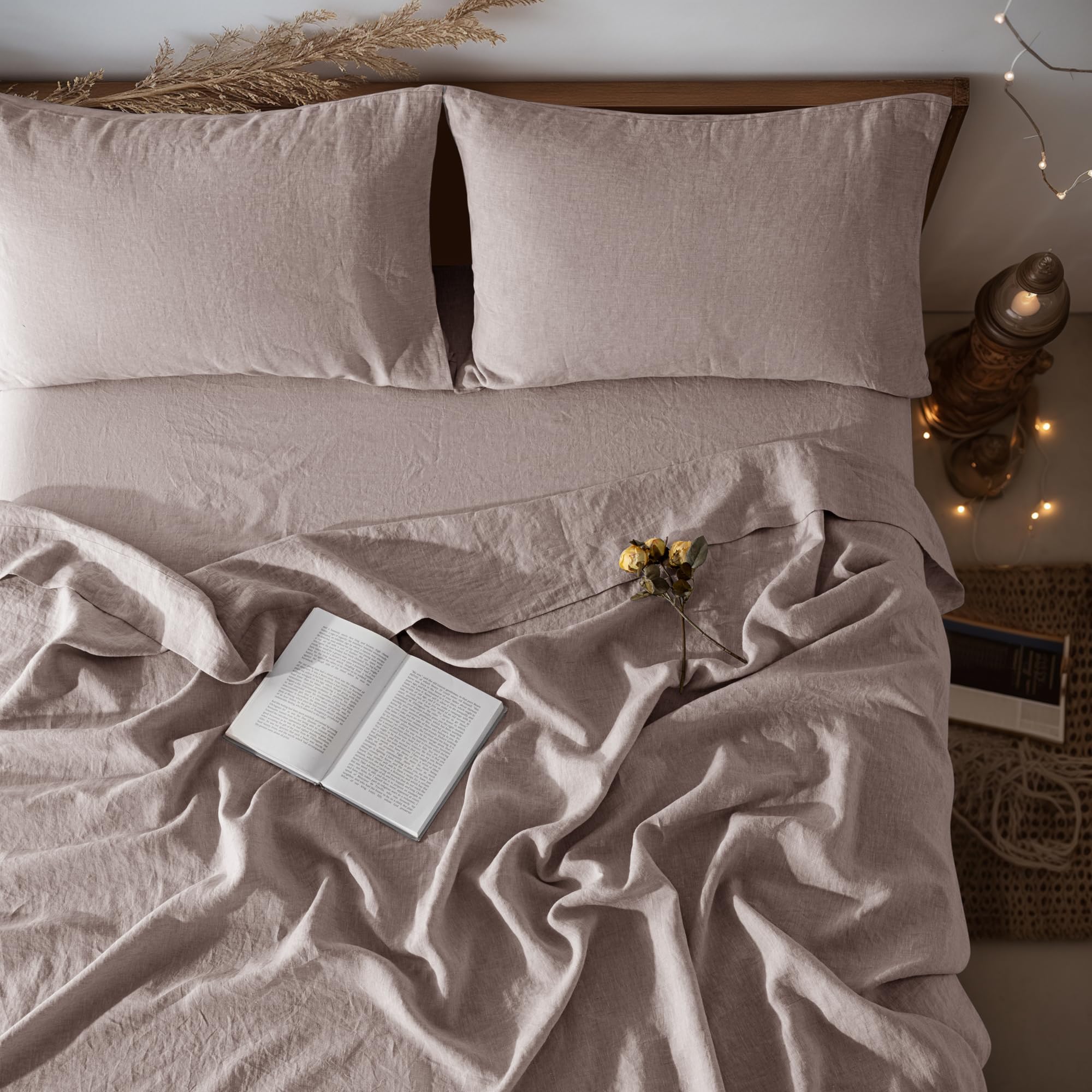 LBRO2M 100% Pure Linen Sheet Set Deep Pocket Up to 16" Bed Sheets Sets, Natural Flax Beddings Soft, Breathable, Comfortable for All Seasons 4 Pcs Sheet Set Queen Size, Linen